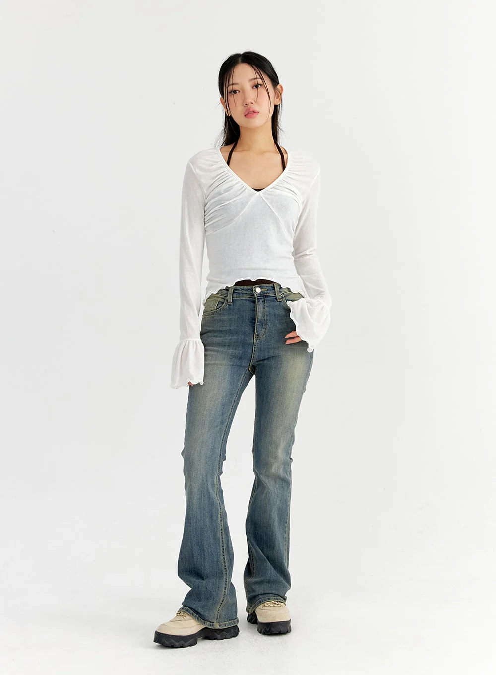Mesh V-Neck Shirred Crop Top CO327 - Image 3