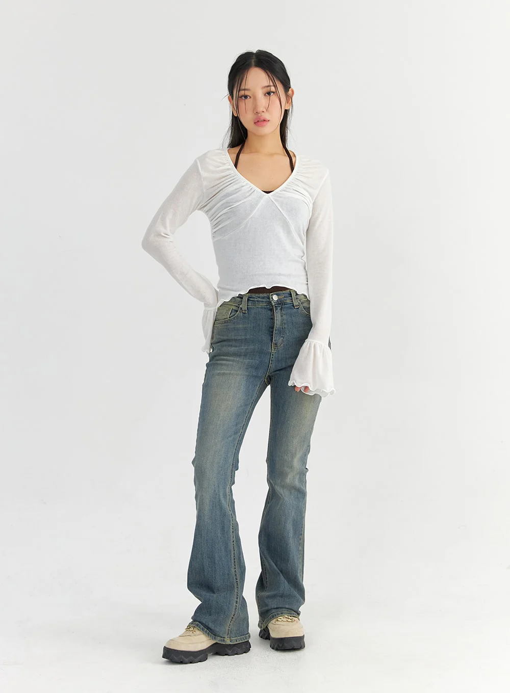 Mesh V-Neck Shirred Crop Top CO327 - Image 6