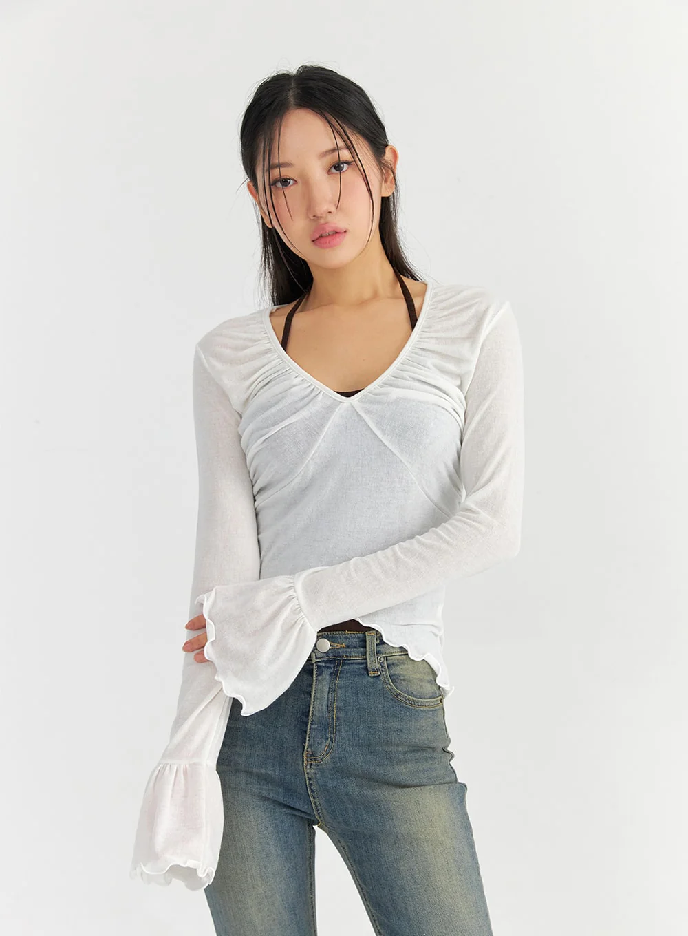 Mesh V-Neck Shirred Crop Top CO327 - Image 8