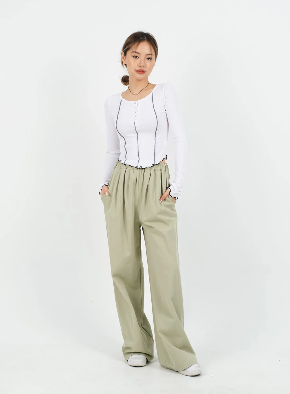 Mid-rise Wide Banded Cotton Pants CA08 - Image 12