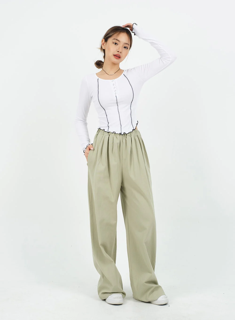 Mid-rise Wide Banded Cotton Pants CA08 - Image 16