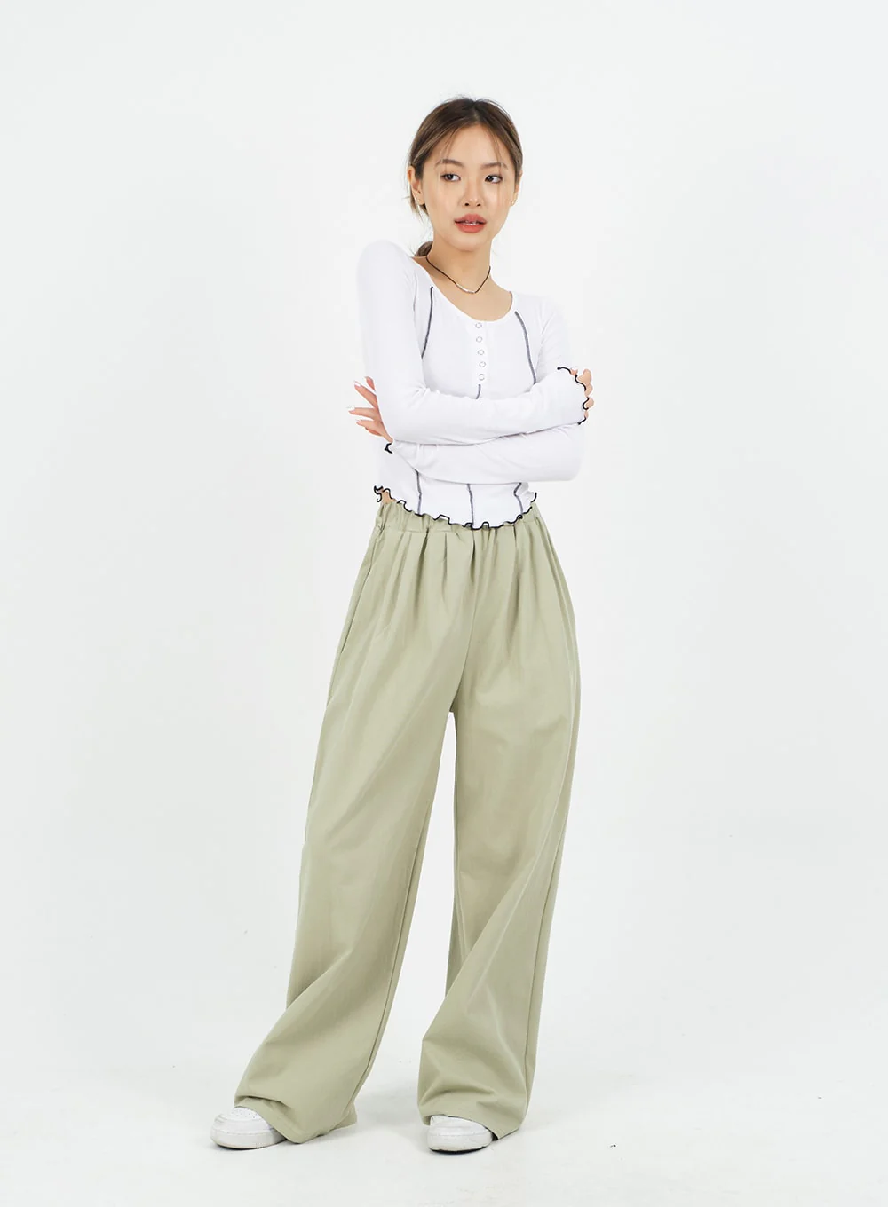 Mid-rise Wide Banded Cotton Pants CA08 - Image 17