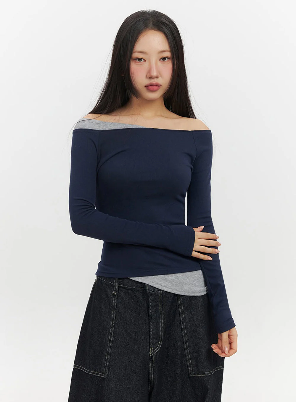 Off-Shoulder Asymmetric Long-Sleeve Top IF510 - Image 2