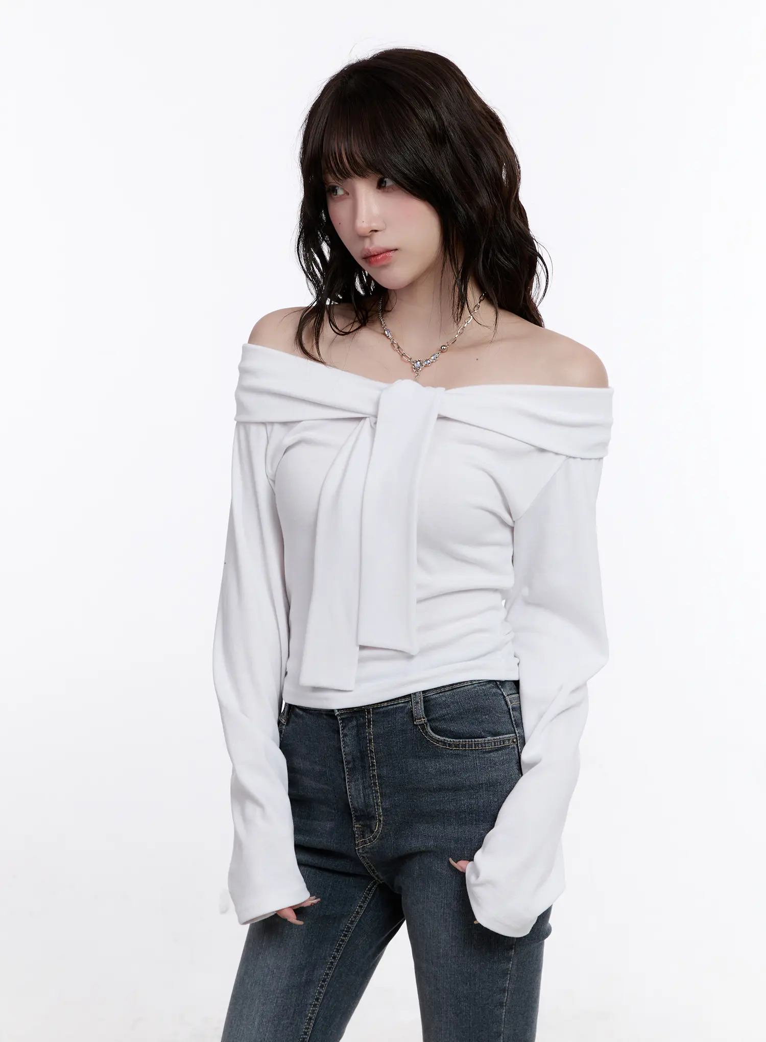 Off-Shoulder Bow Tie Long Sleeve Top CS530 - Image 2