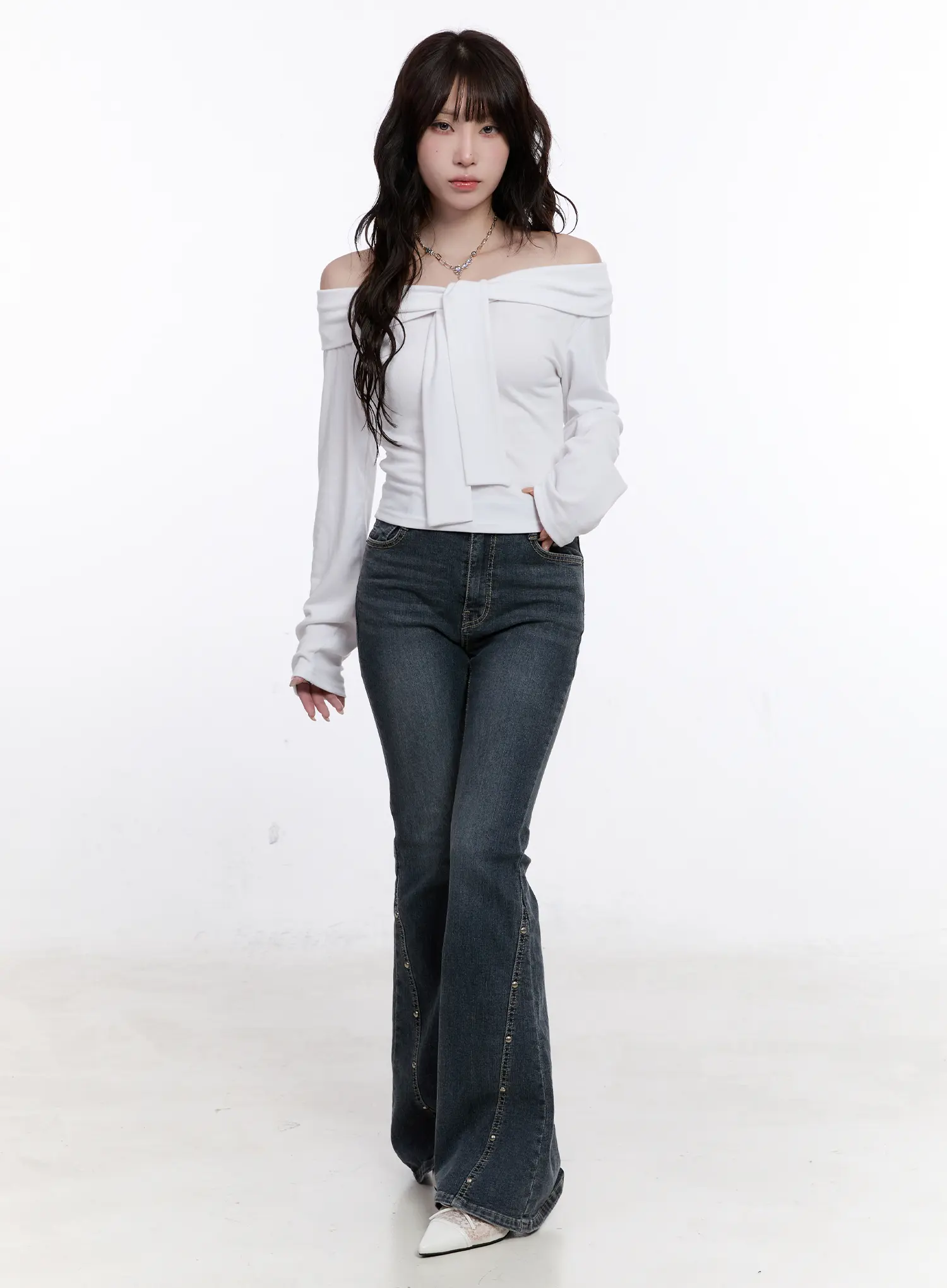 Off-Shoulder Bow Tie Long Sleeve Top CS530 - Image 3