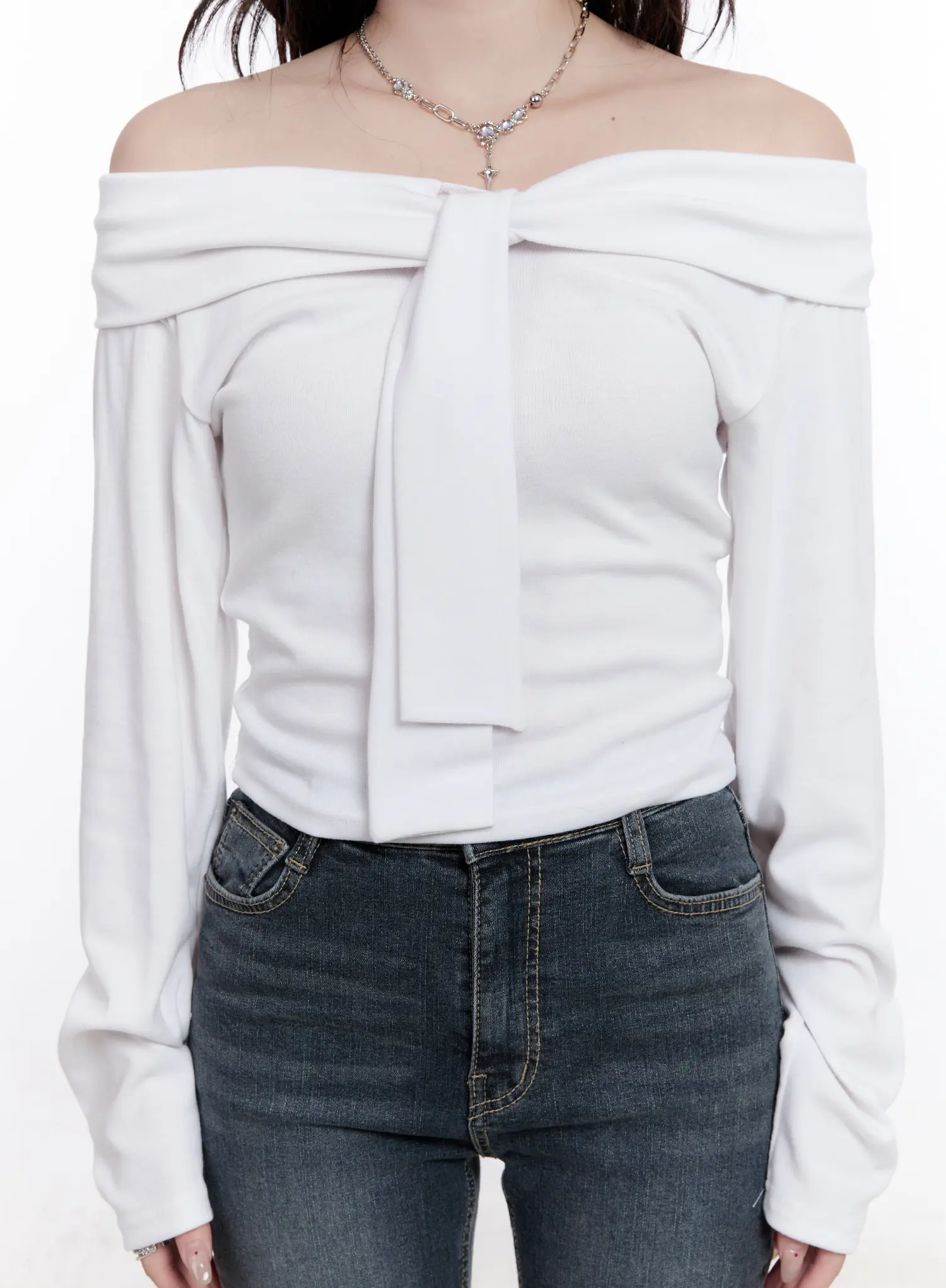 Off-Shoulder Bow Tie Long Sleeve Top CS530 - Image 4