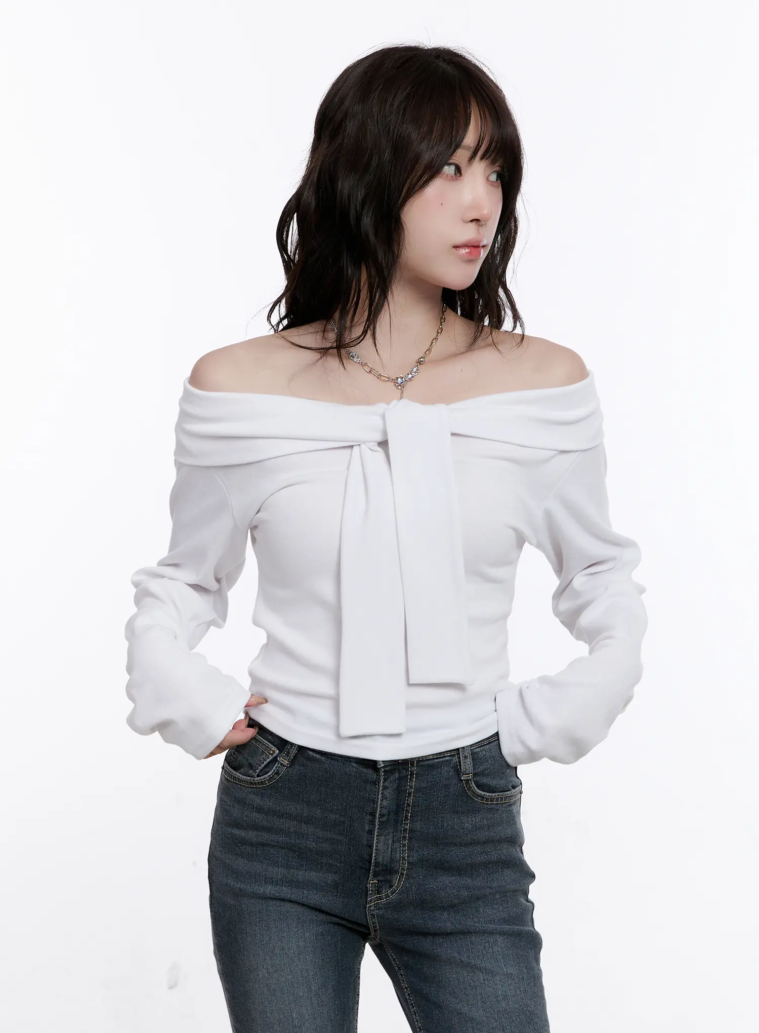 Off-Shoulder Bow Tie Long Sleeve Top CS530 - Image 5