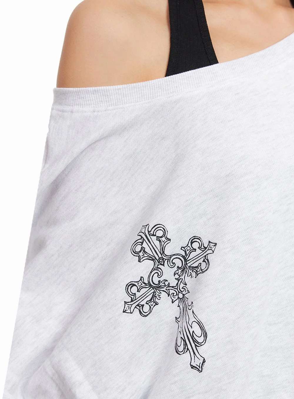 Off-Shoulder Cross Graphic Sweatshirt IA507 - Image 3