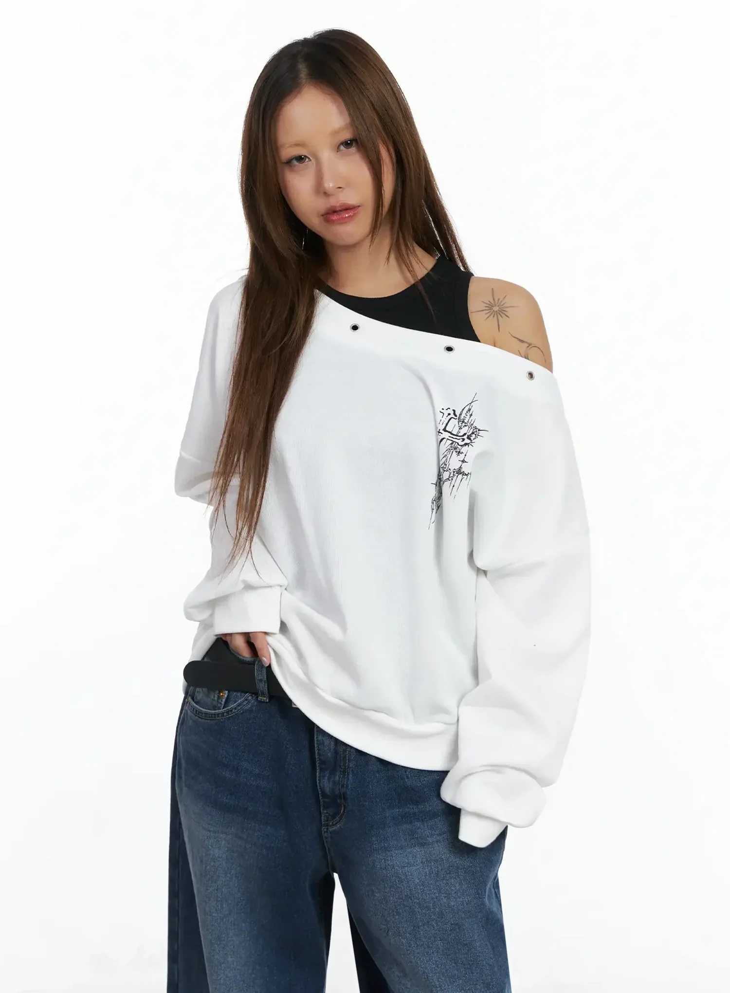 Off-Shoulder Eyelet Graphic Sweater IN528 - Image 2