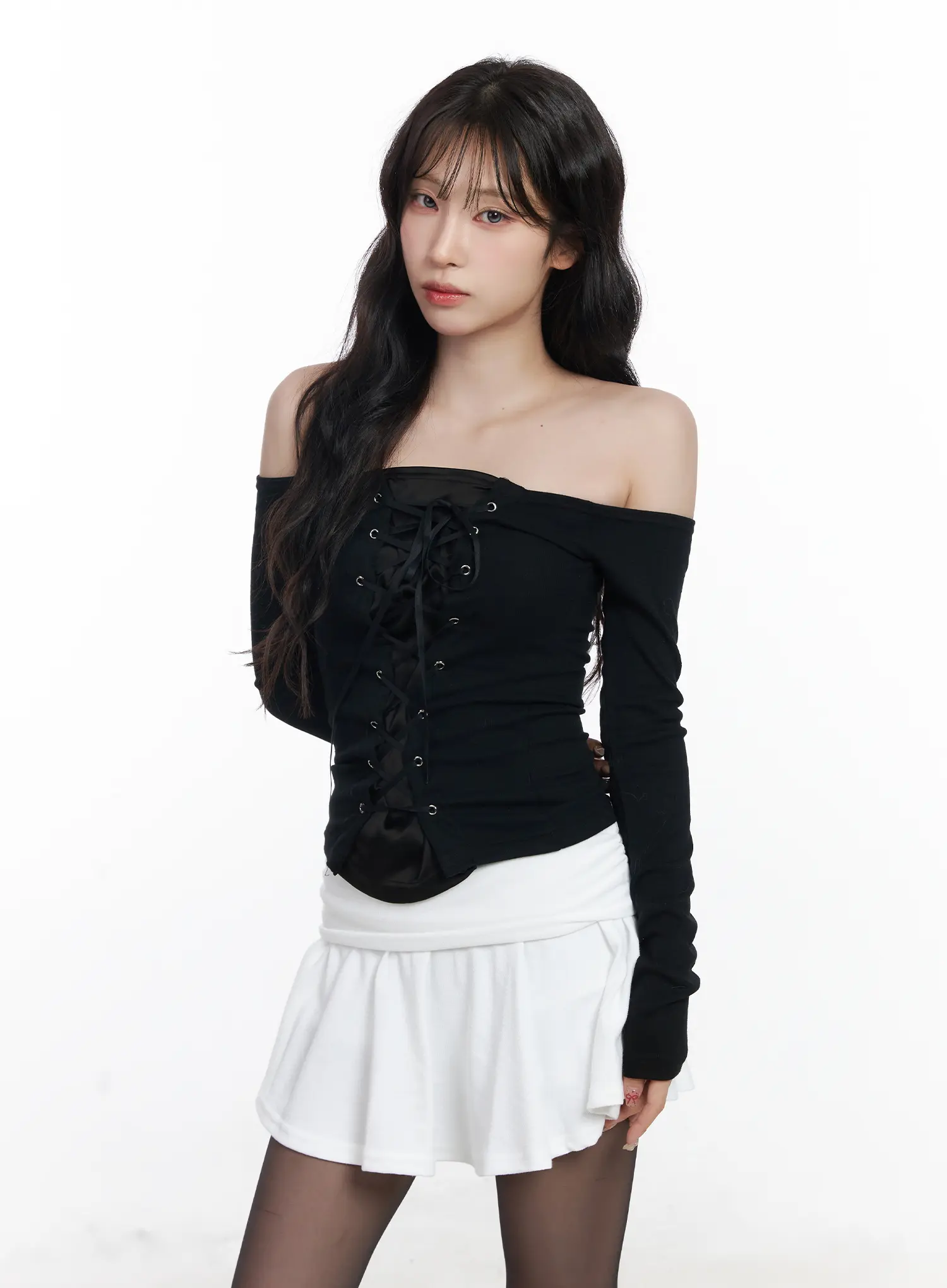 Off-Shoulder Eyelet Lace-Up Top CJ527 - Image 10