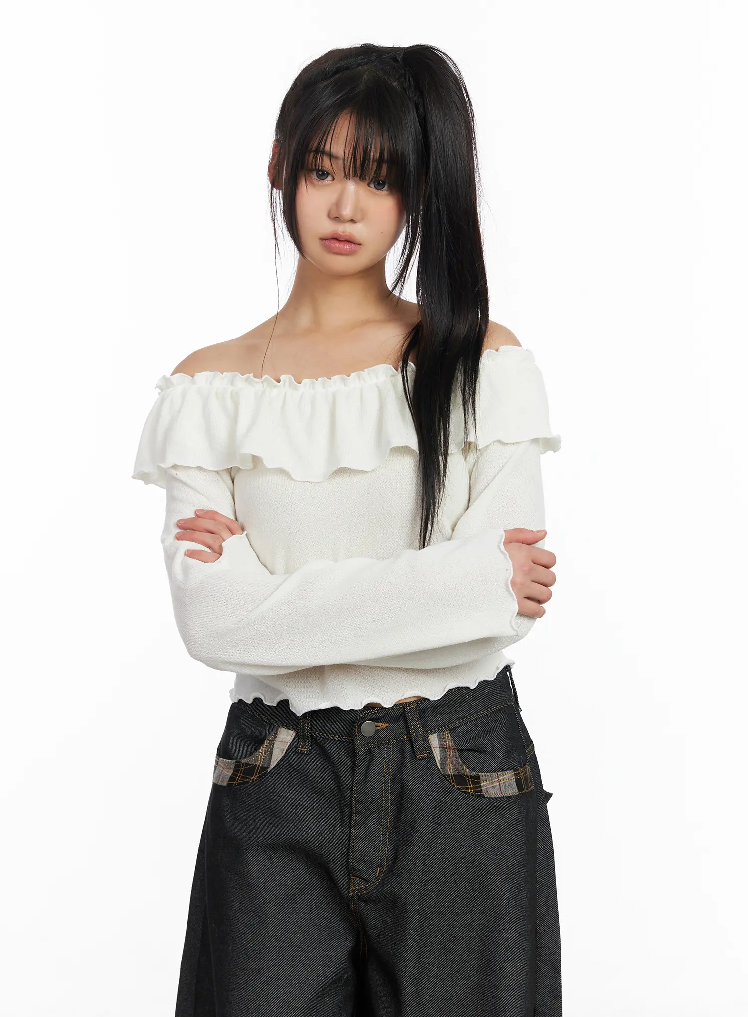 Off-Shoulder Frill Long Sleeve Top CF506 - Image 11