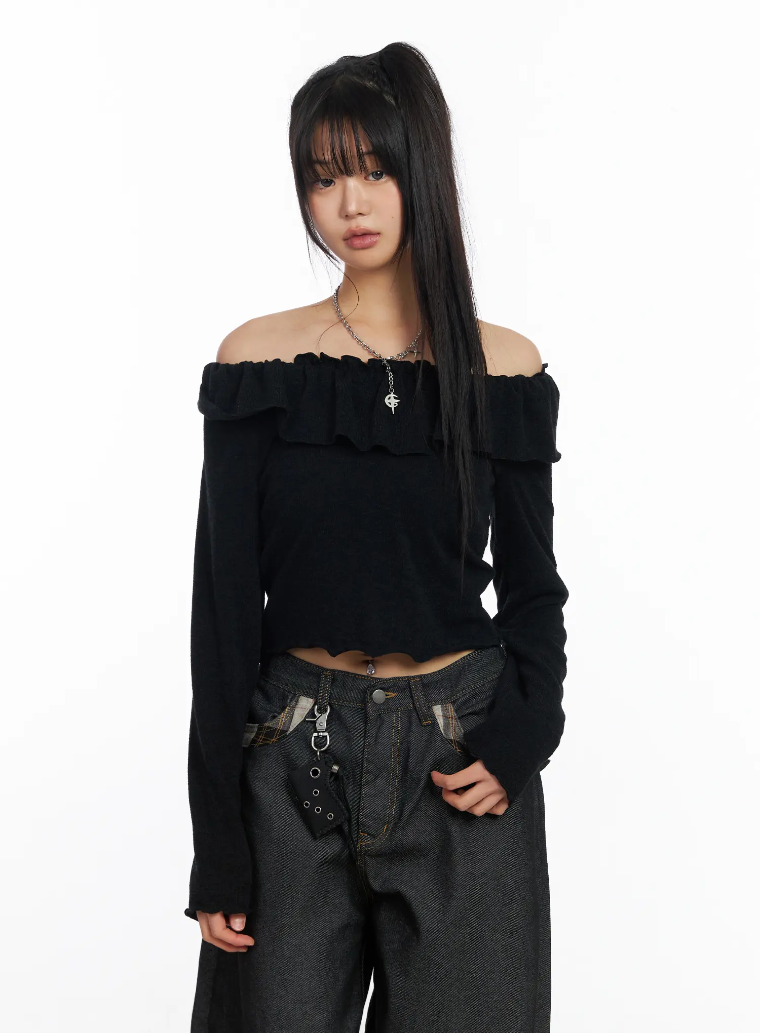 Off-Shoulder Frill Long Sleeve Top CF506 - Image 18