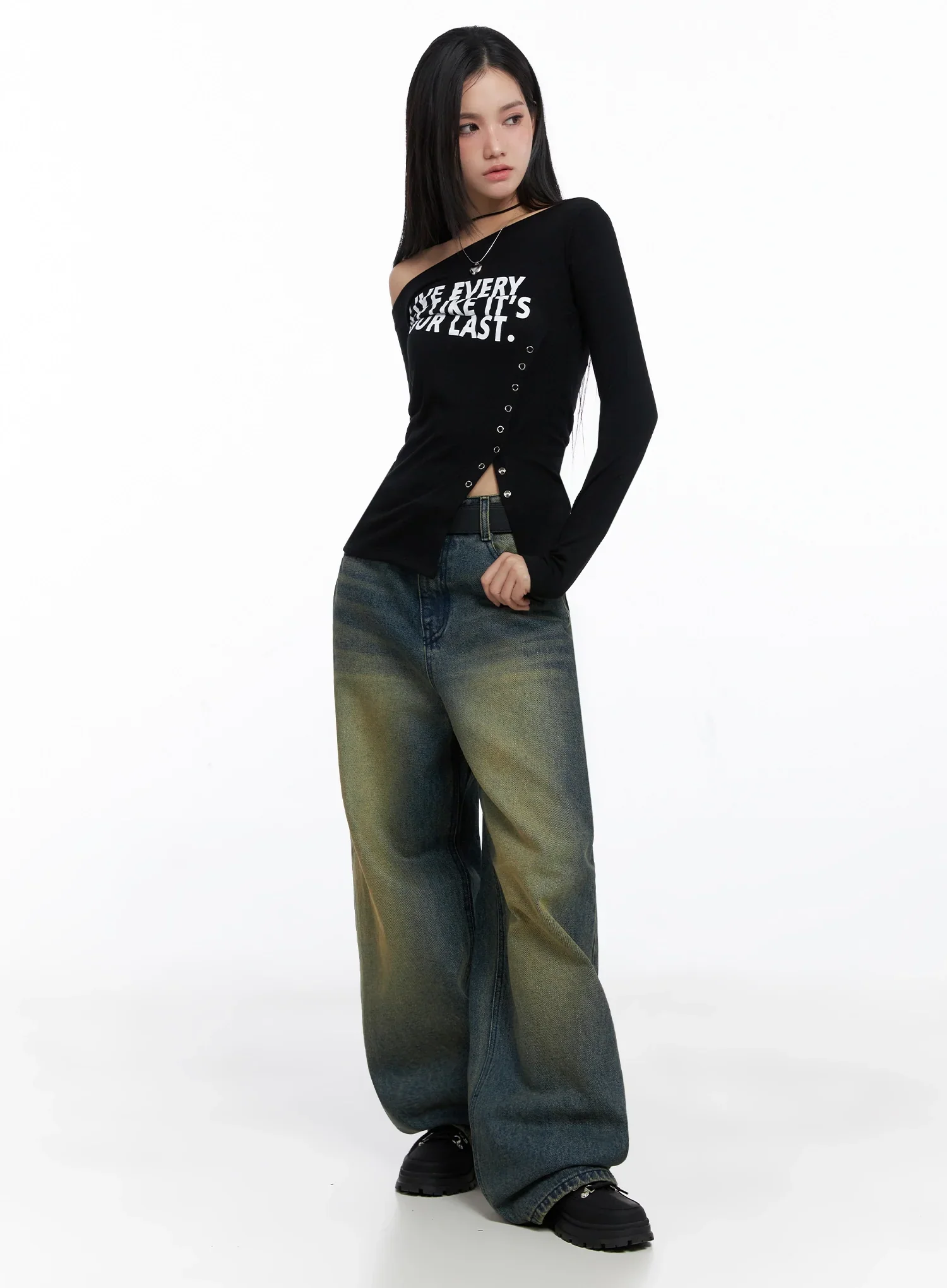 Off-Shoulder Graphic Long Sleeve Tee IS525 - Image 13
