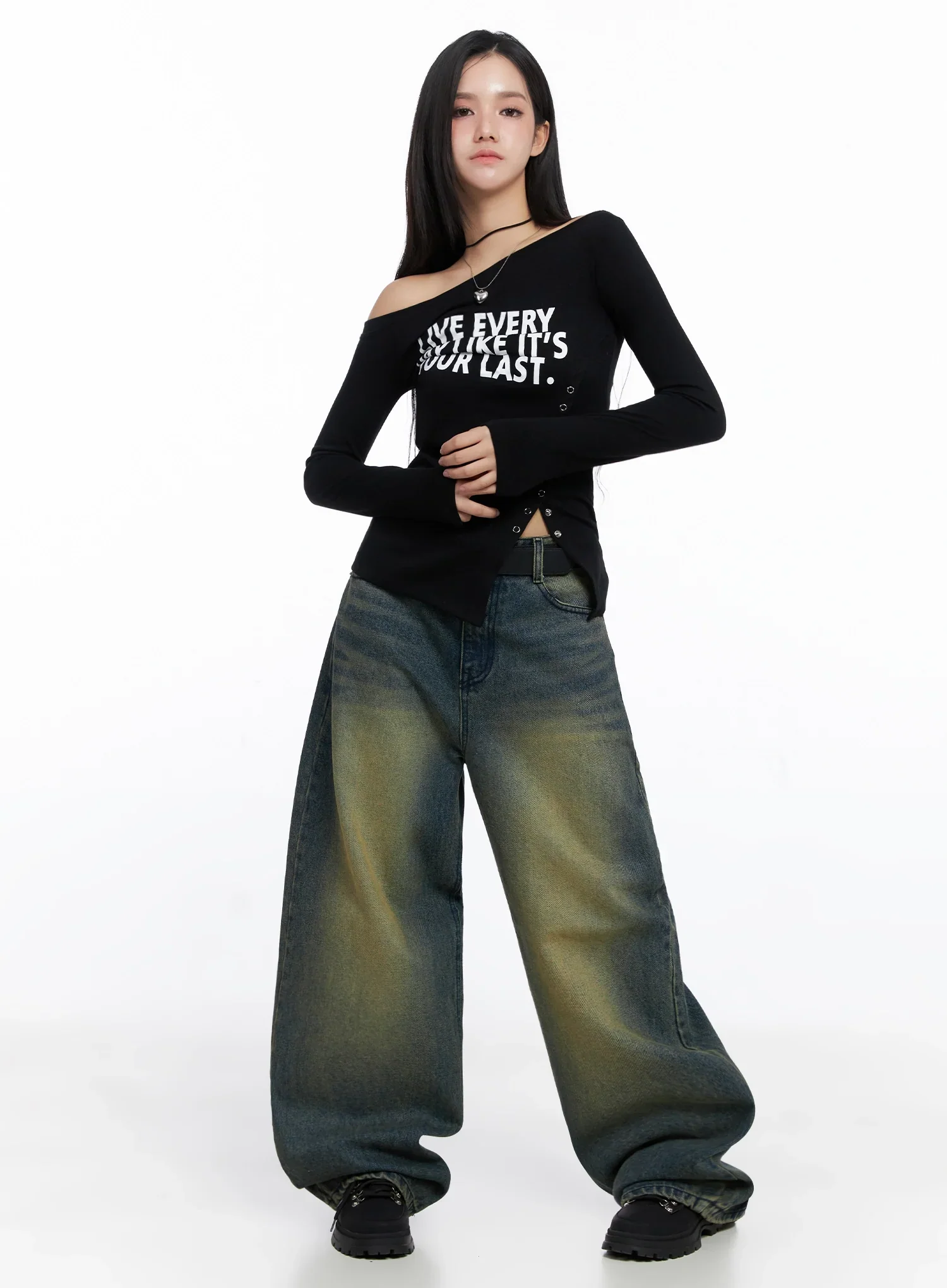 Off-Shoulder Graphic Long Sleeve Tee IS525 - Image 3