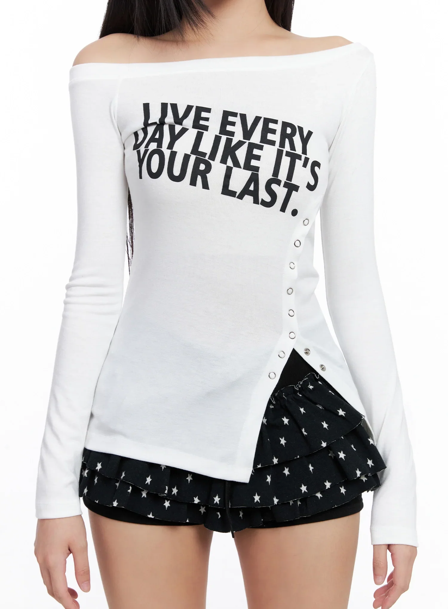 Off-Shoulder Graphic Long Sleeve Tee IS525 - Image 4