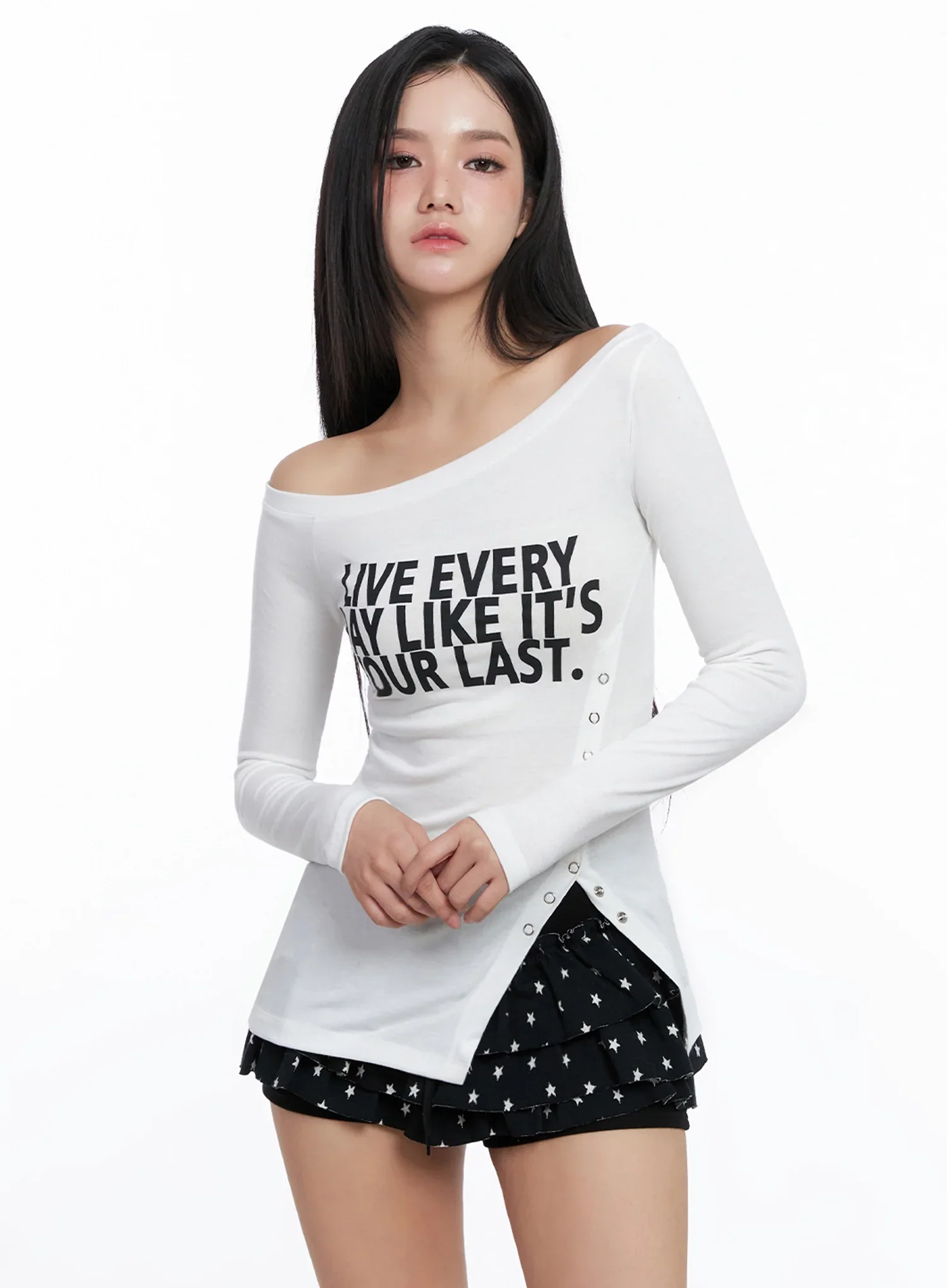 Off-Shoulder Graphic Long Sleeve Tee IS525 - Image 5