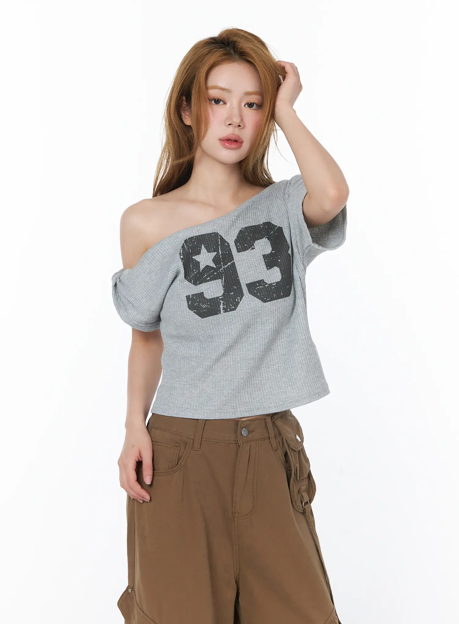 Off-Shoulder Graphic Waffle Tee CY506 - Image 12