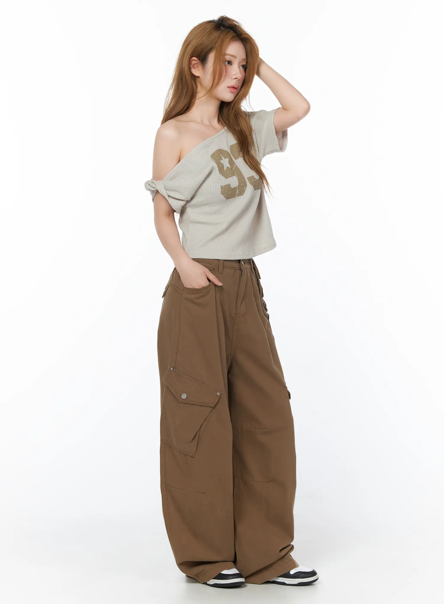 Off-Shoulder Graphic Waffle Tee CY506 - Image 4