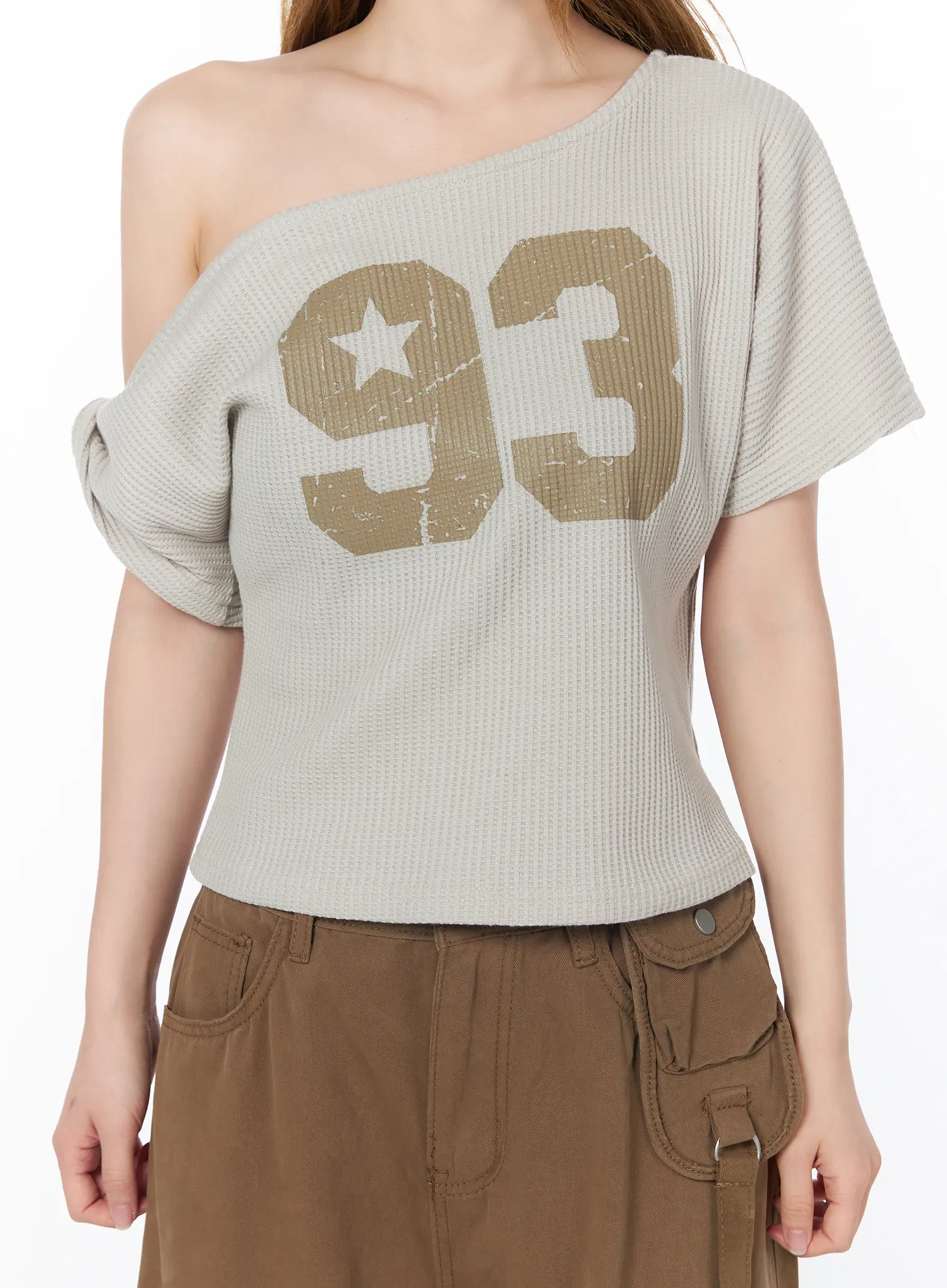 Off-Shoulder Graphic Waffle Tee CY506 - Image 8