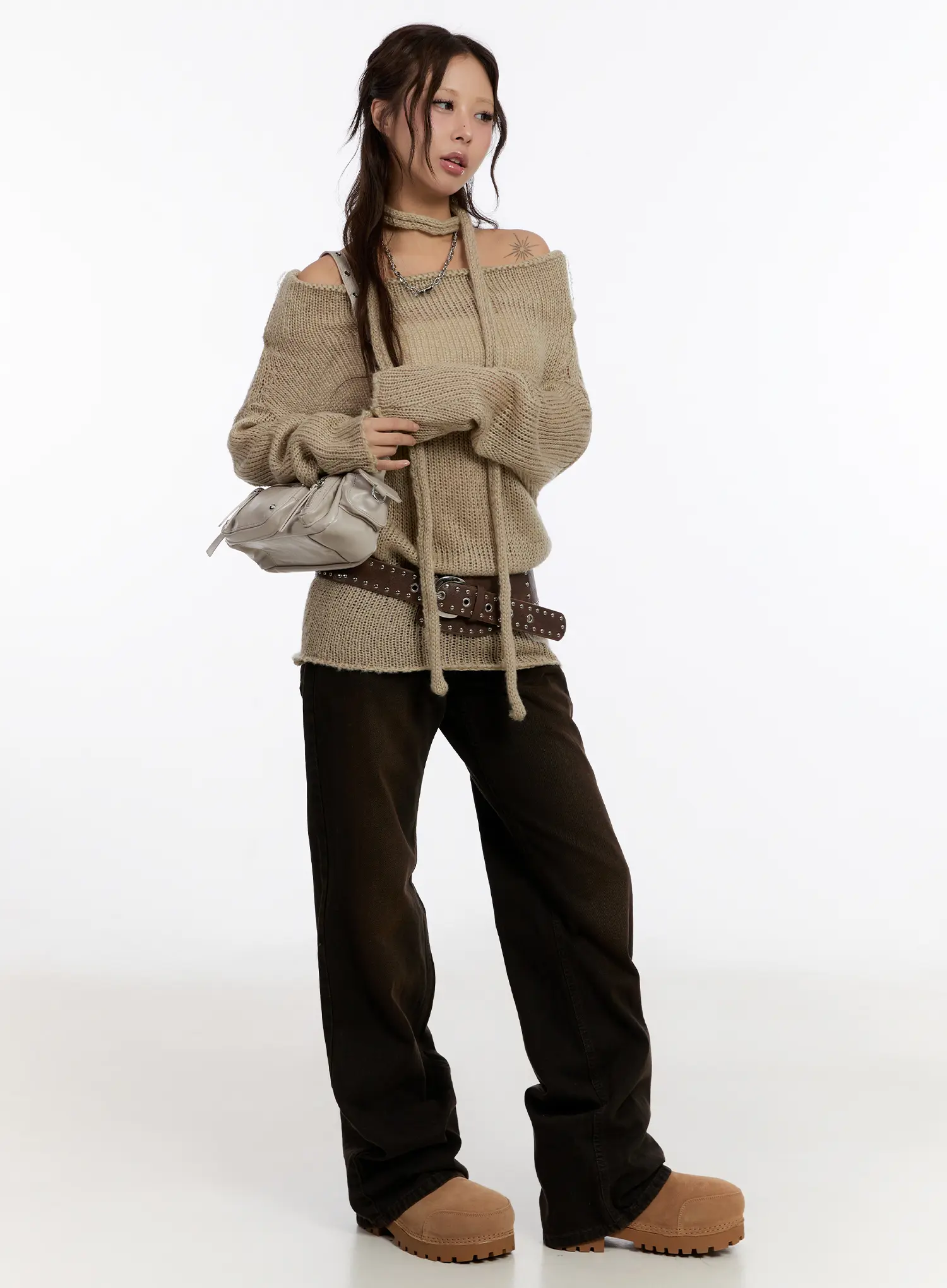 Off Shoulder Knit Sweater With Scarf CN527 - Image 3