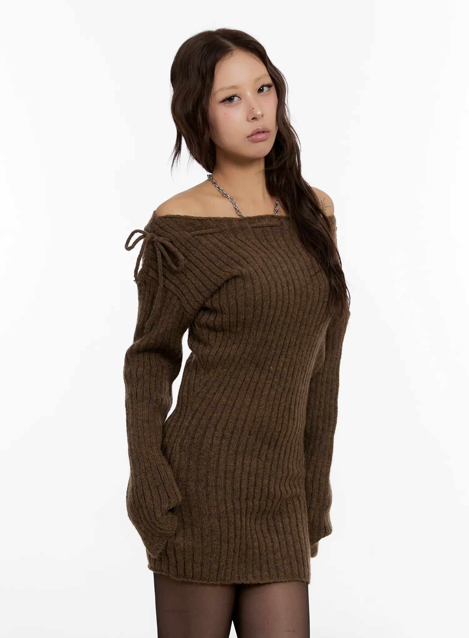 Off Shoulder Ribbon Knit Mini Dress CN527 - Image 6