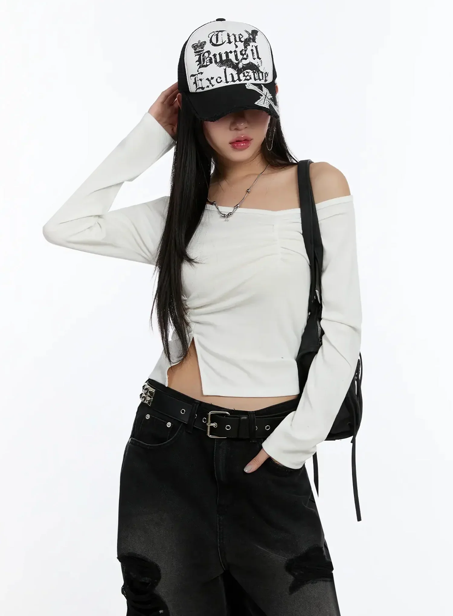 Off-Shoulder Ruched Long Sleeve Top IM513
