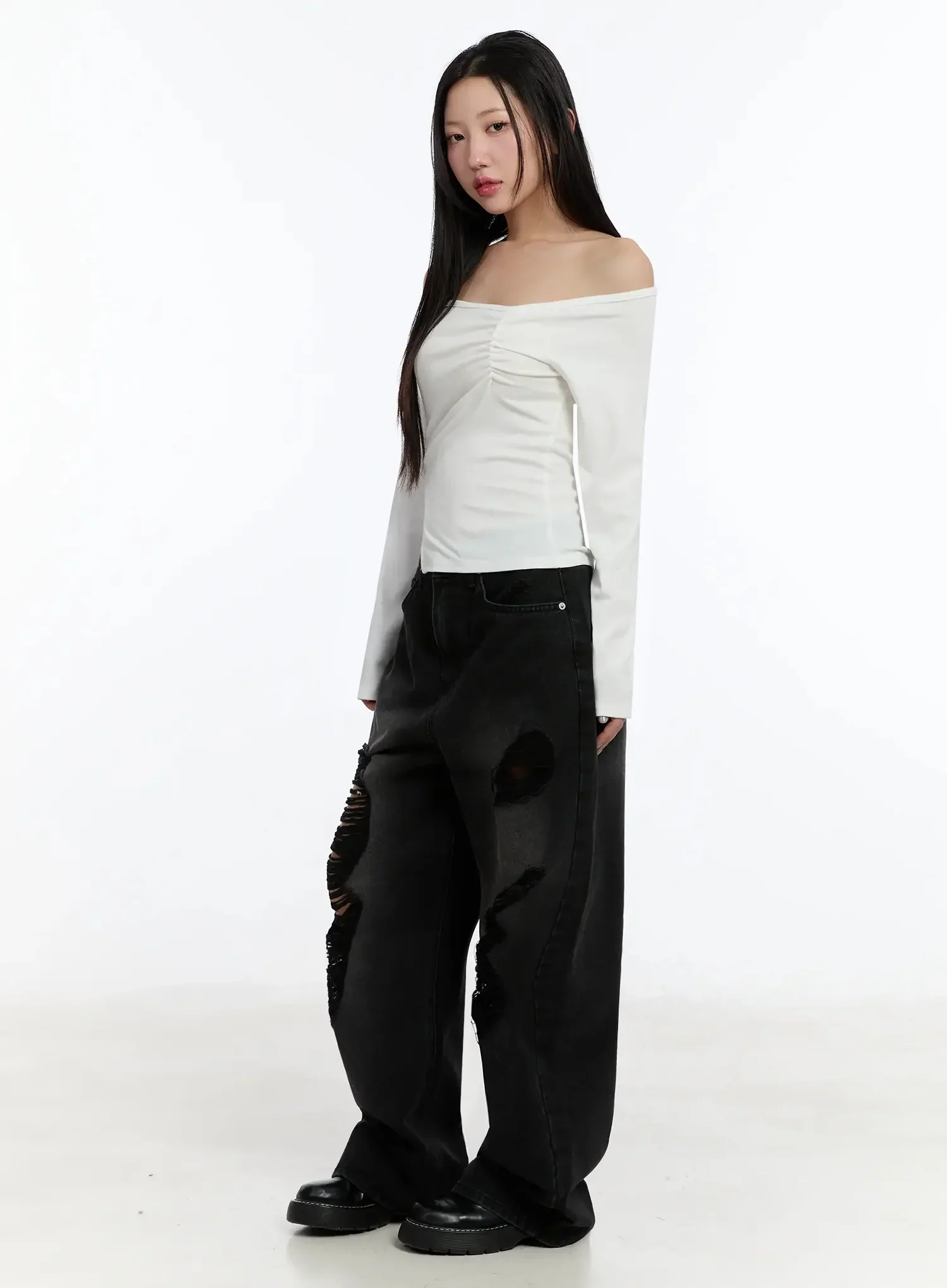 Off-Shoulder Ruched Long Sleeve Top IM513 - Image 10