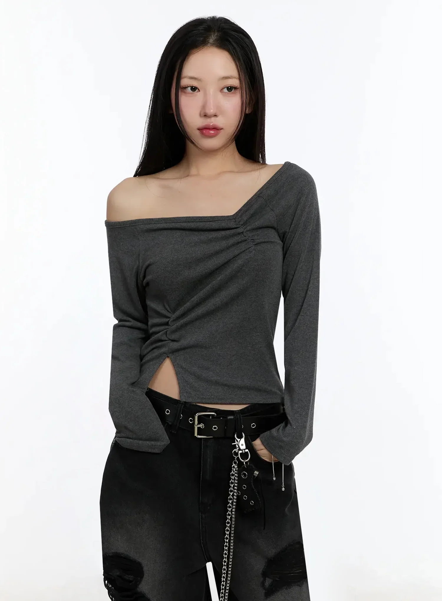 Off-Shoulder Ruched Long Sleeve Top IM513 - Image 2