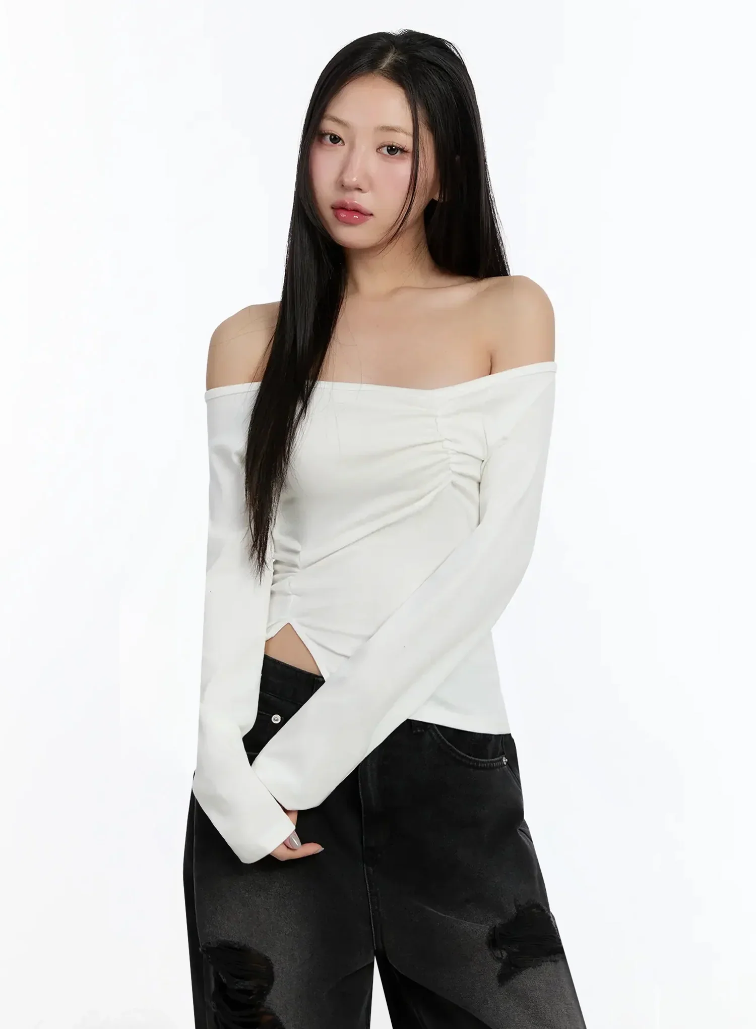 Off-Shoulder Ruched Long Sleeve Top IM513 - Image 3