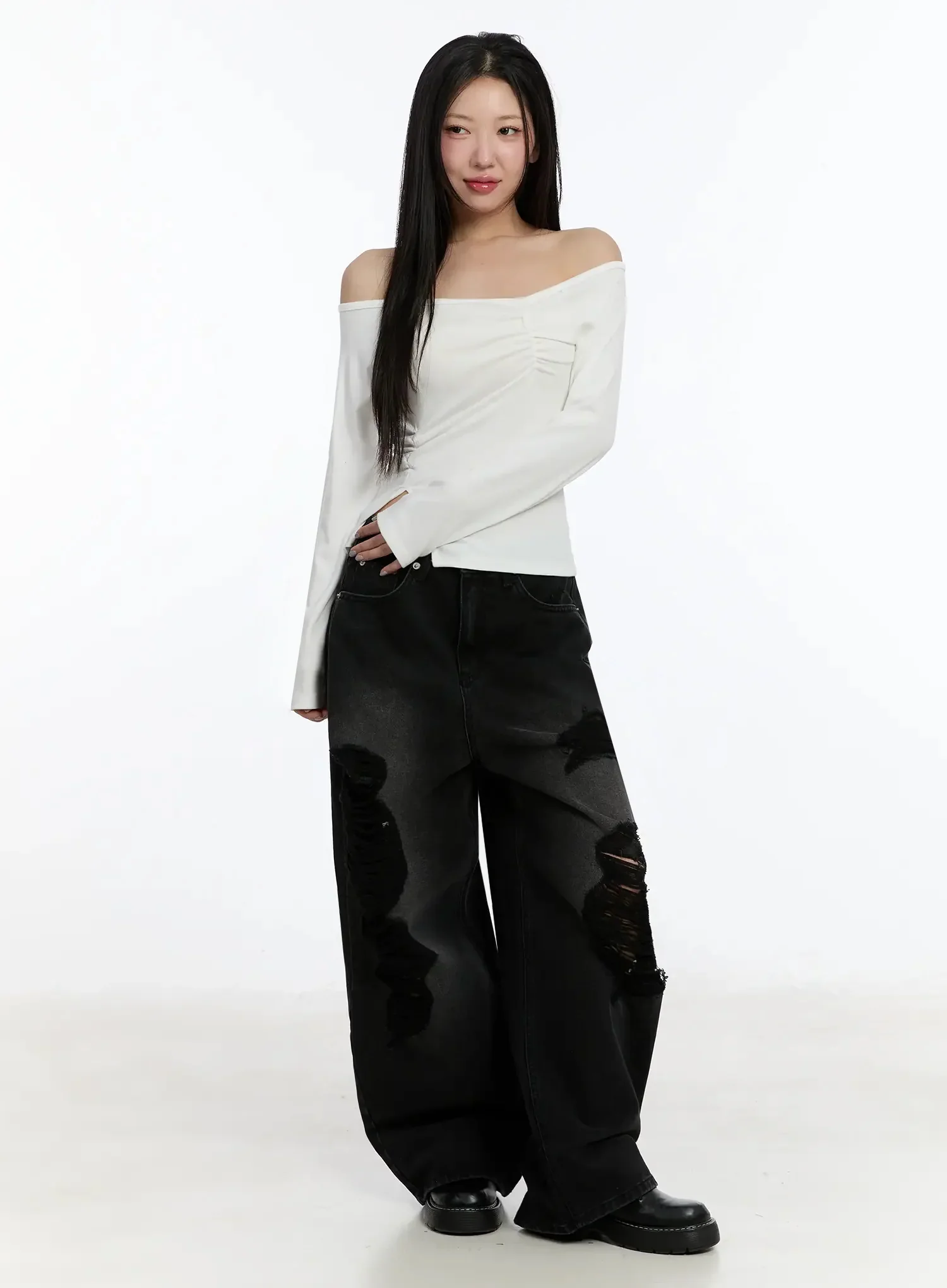 Off-Shoulder Ruched Long Sleeve Top IM513 - Image 6