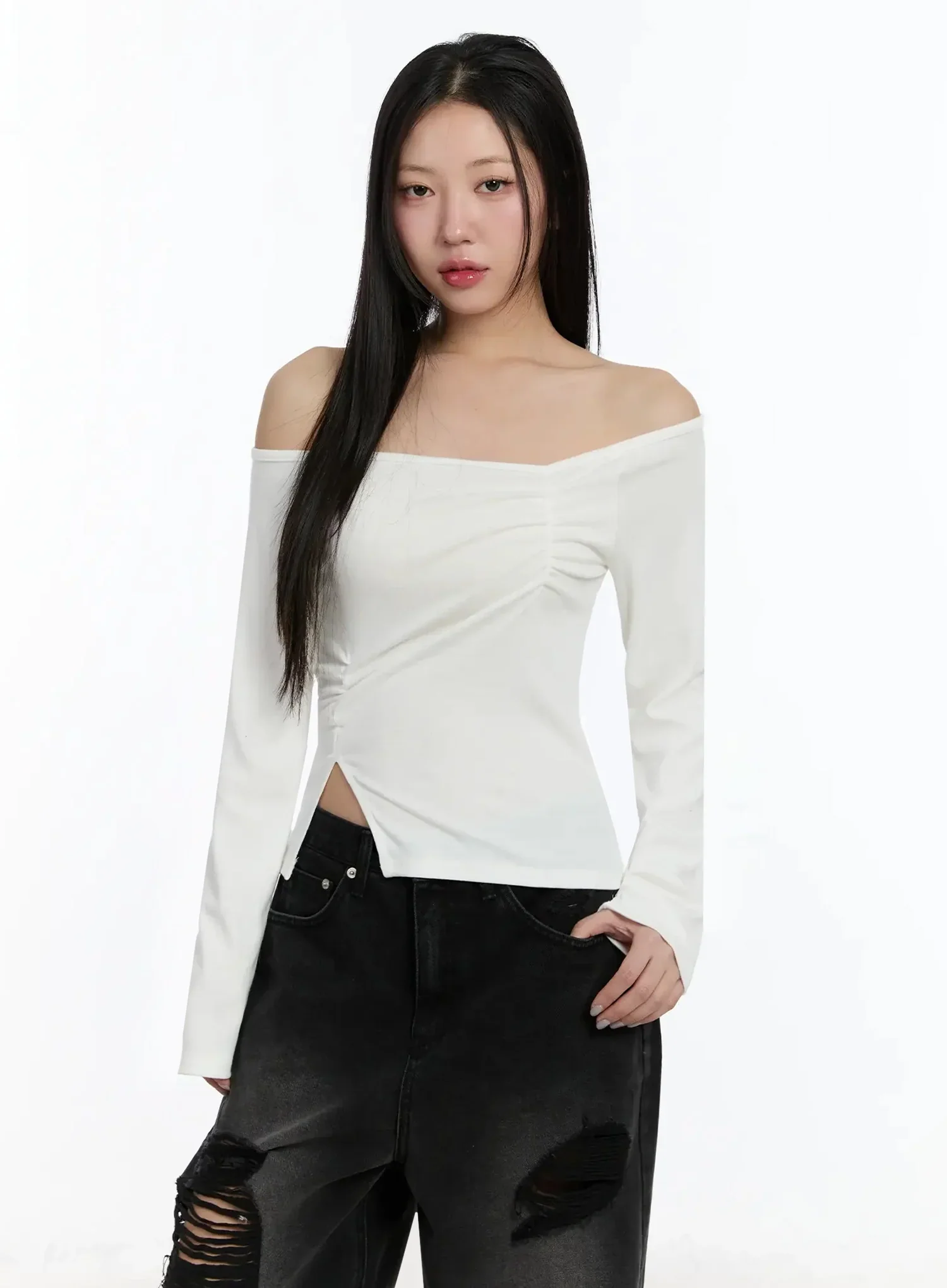 Off-Shoulder Ruched Long Sleeve Top IM513 - Image 7