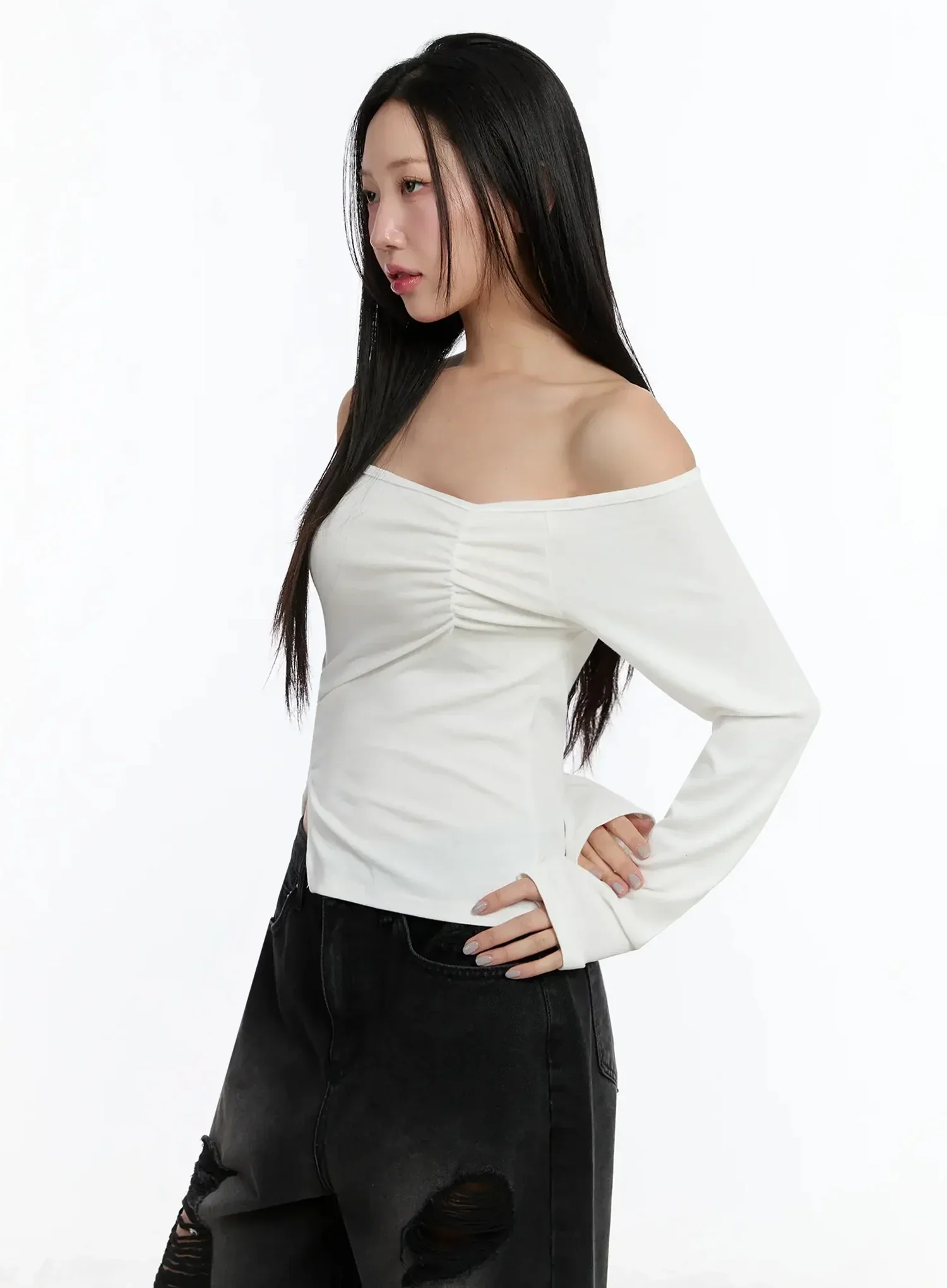 Off-Shoulder Ruched Long Sleeve Top IM513 - Image 8