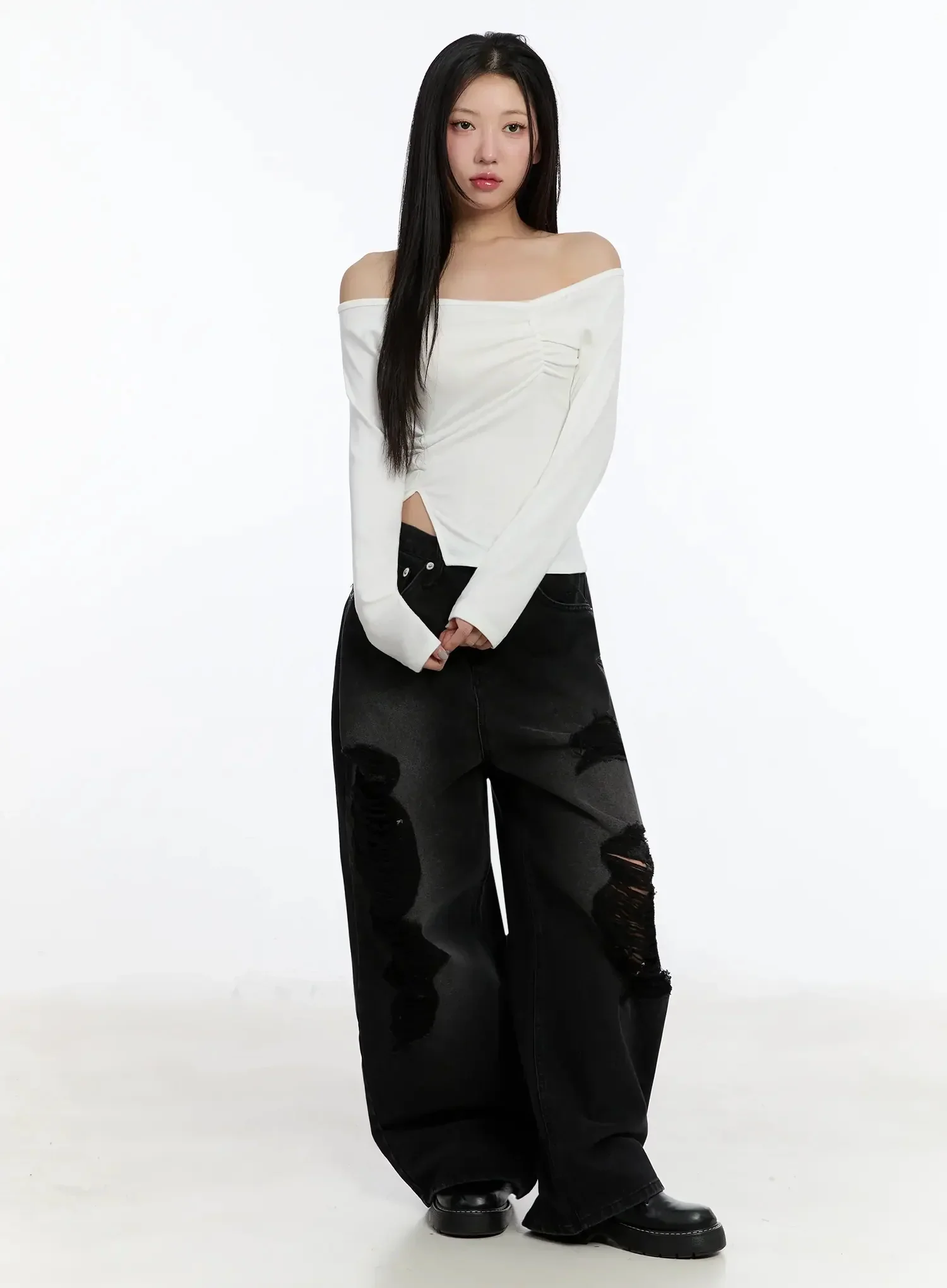 Off-Shoulder Ruched Long Sleeve Top IM513 - Image 9