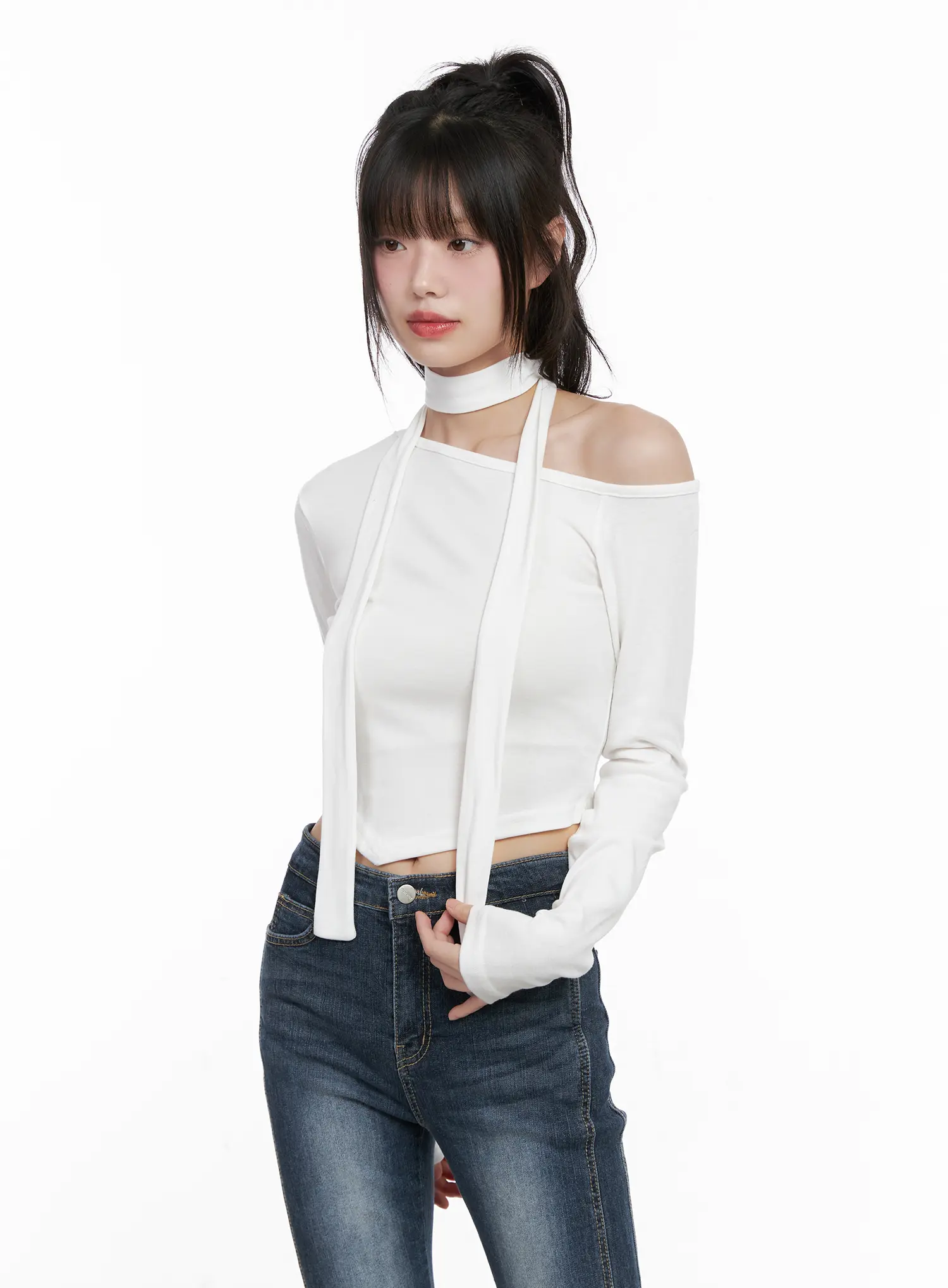 Off Shoulder Scarf Long Sleeve Top CG519 - Image 6