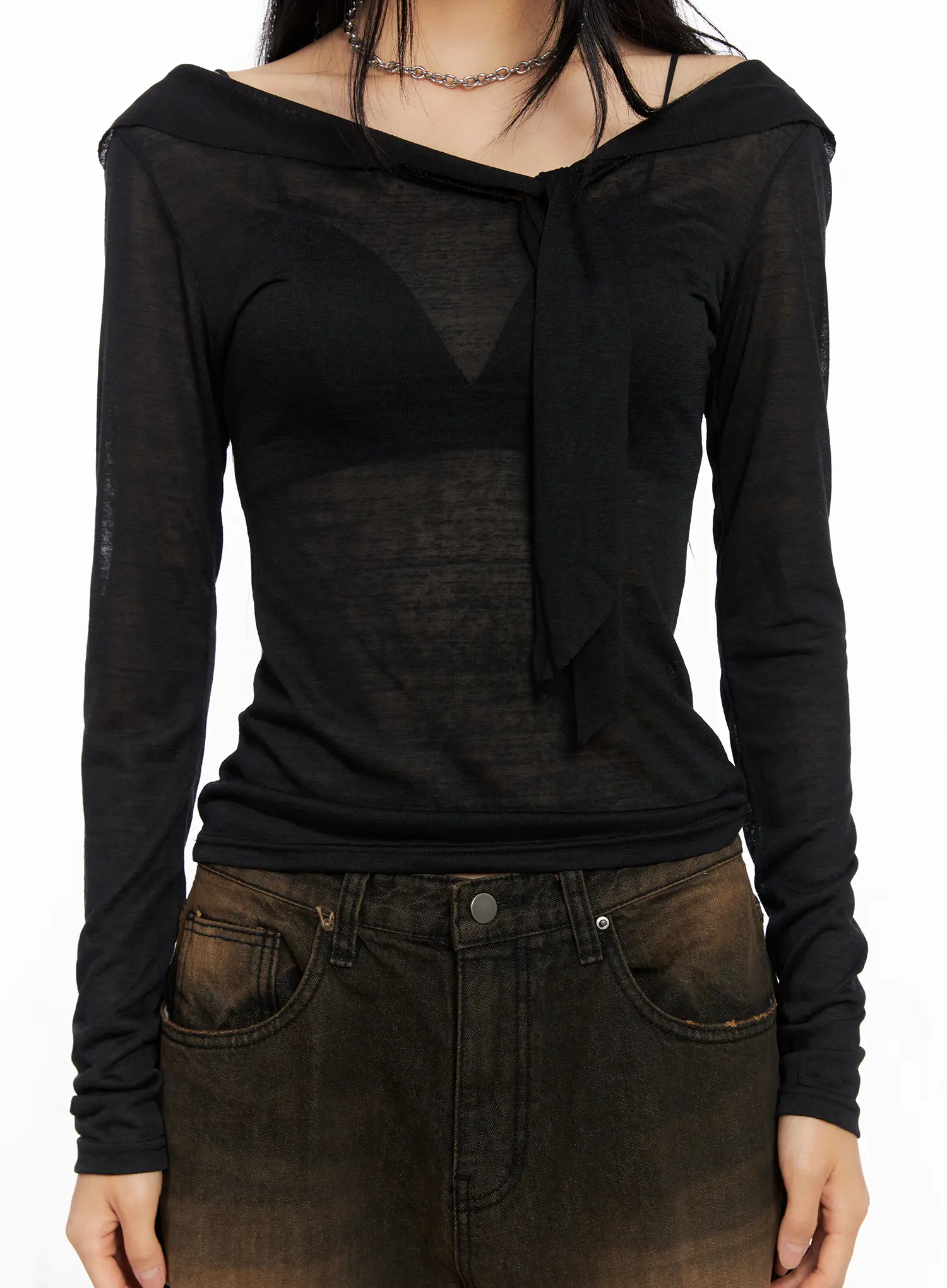 Off-Shoulder Sheer Long Sleeve Top CO529 - Image 4