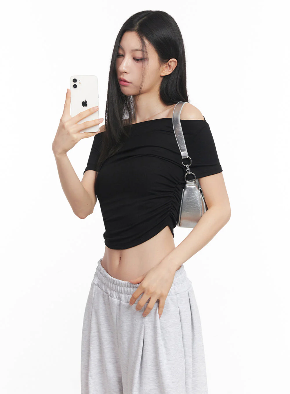 Off-Shoulder Shirred Crop Tee IY516