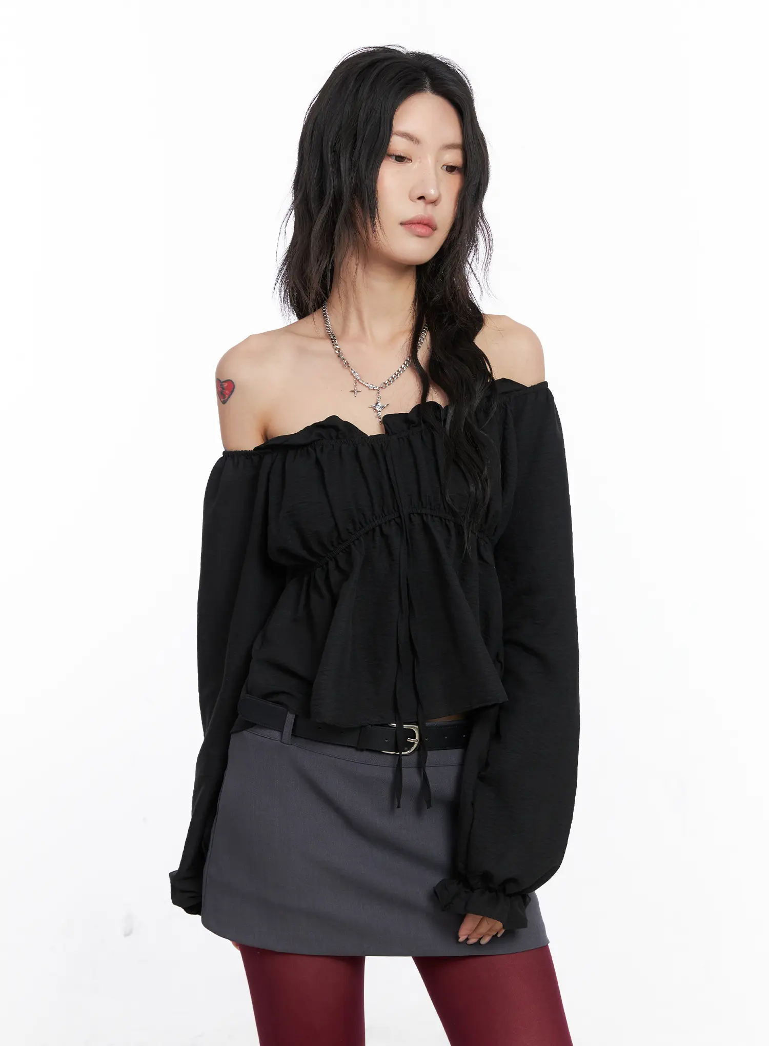 Off-Shoulder Shirred Ribbon Blouse CO508 - Image 2