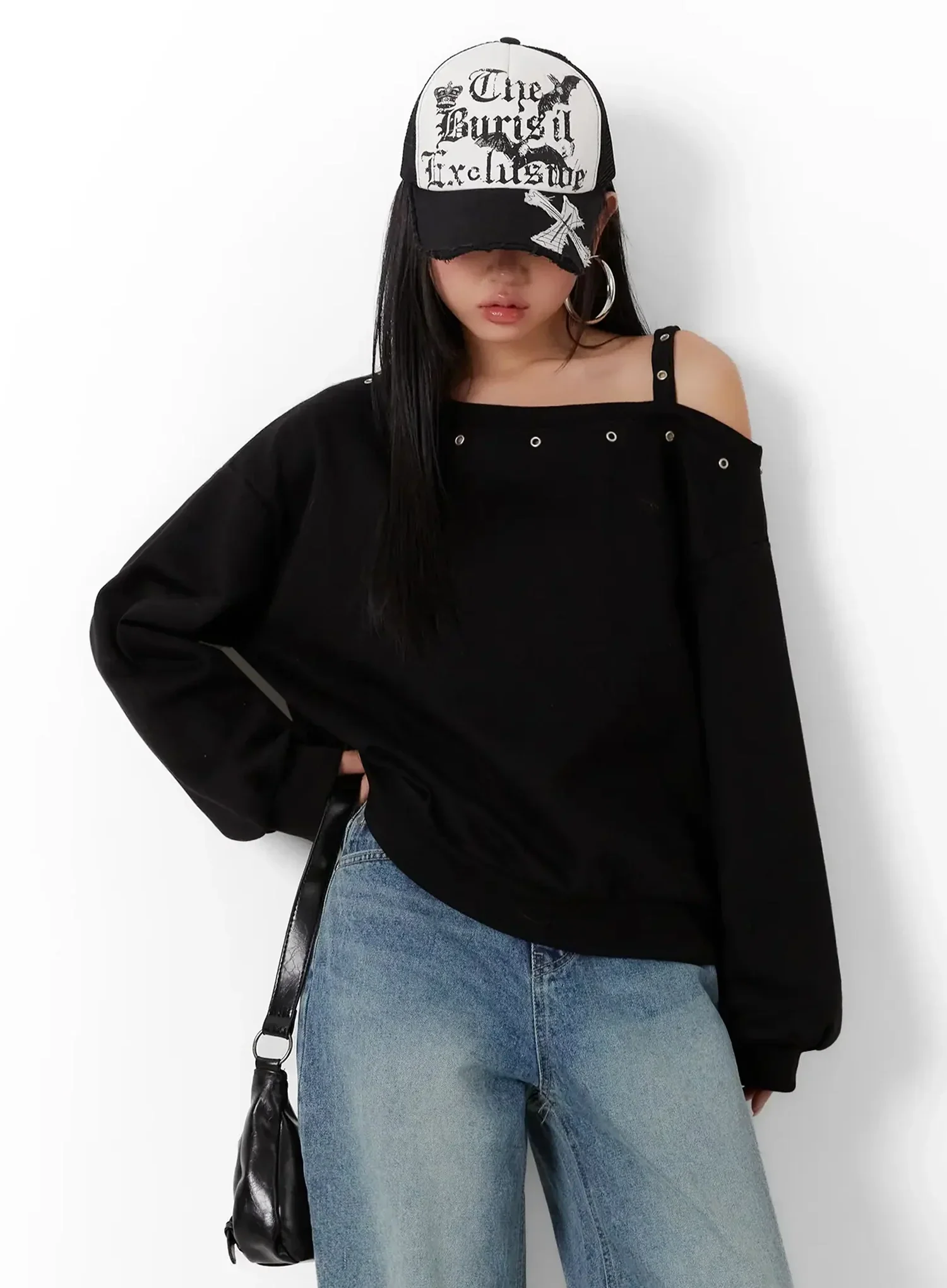 One-Shoulder Eyelet Sweatshirt ID525