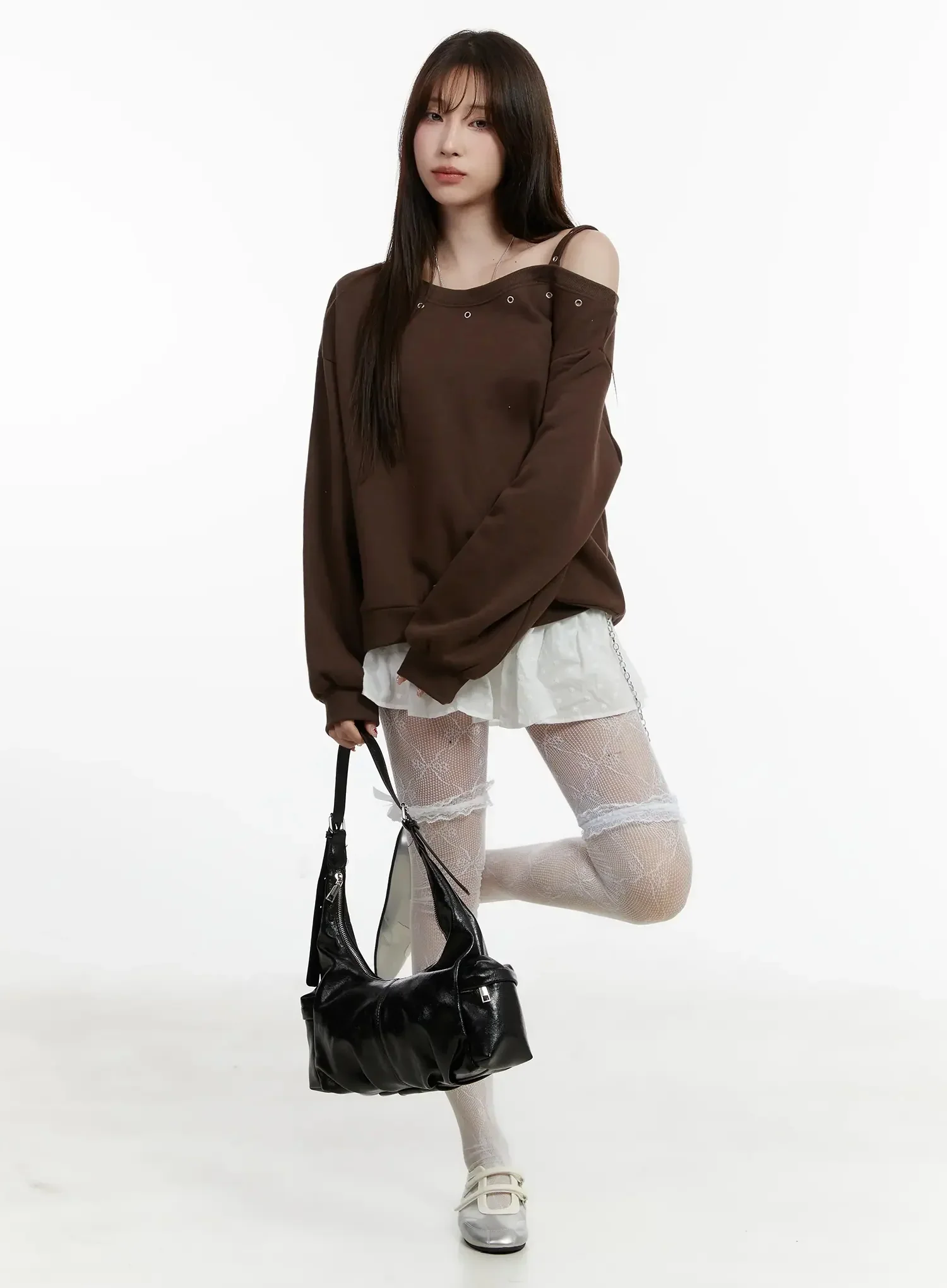 One-Shoulder Eyelet Sweatshirt ID525 - Image 2
