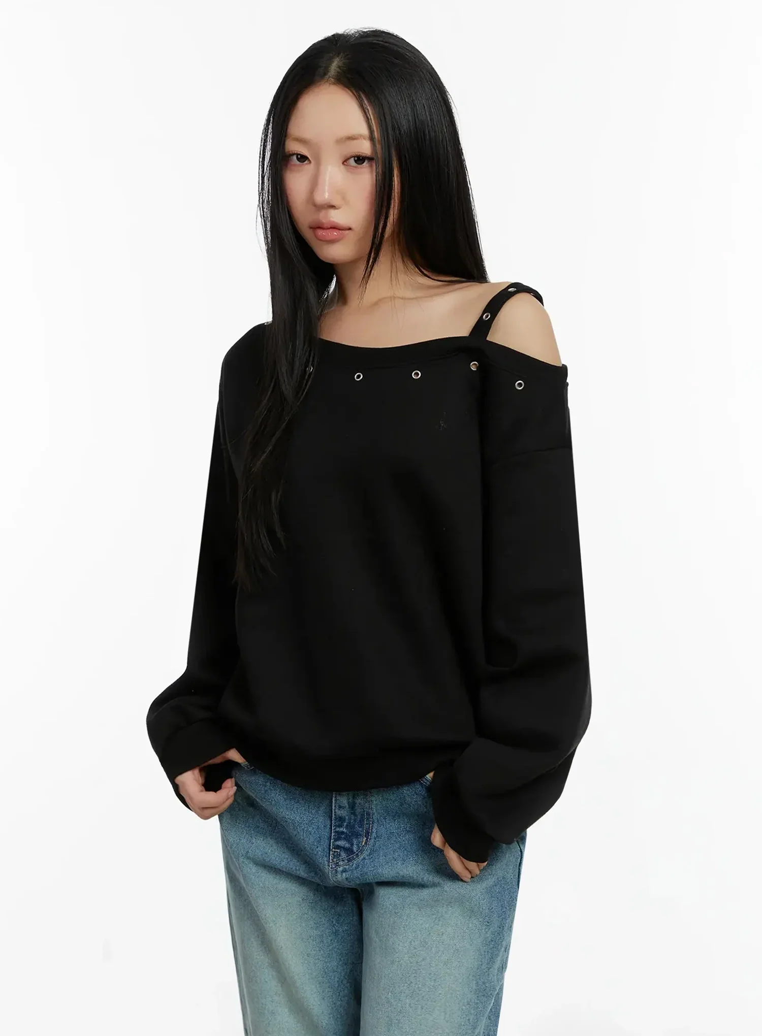 One-Shoulder Eyelet Sweatshirt ID525 - Image 6