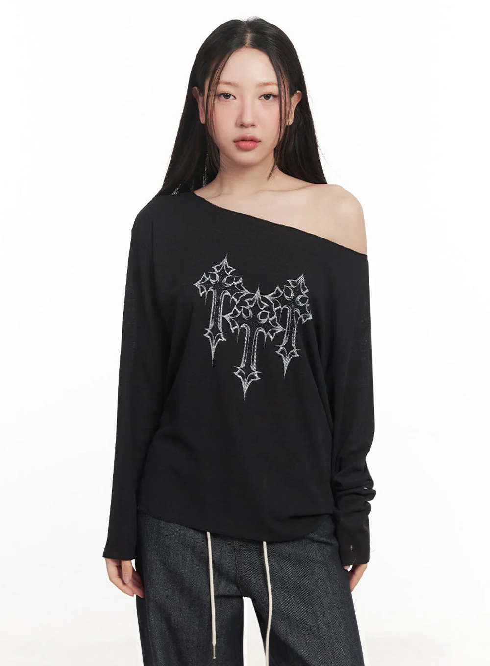 One-Shoulder Sheer Long-Sleeve Graphic Top IM528 - Image 5