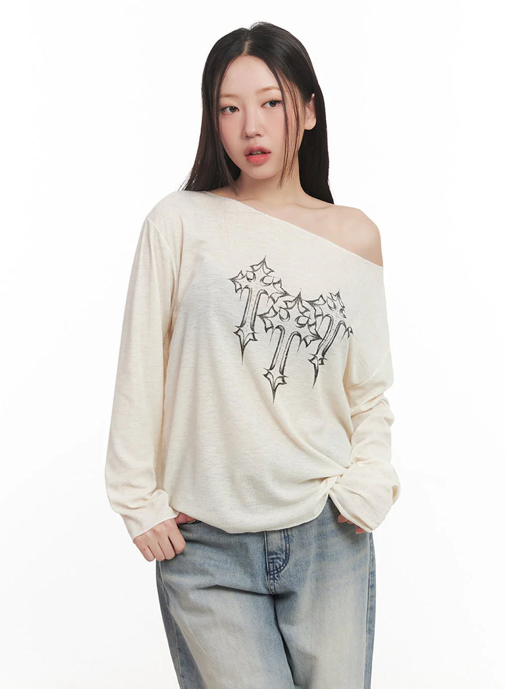 One-Shoulder Sheer Long-Sleeve Graphic Top IM528 - Image 6