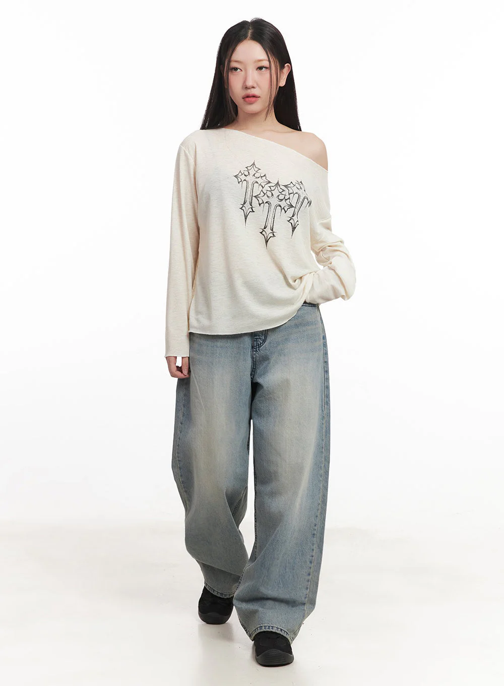 One-Shoulder Sheer Long-Sleeve Graphic Top IM528 - Image 8