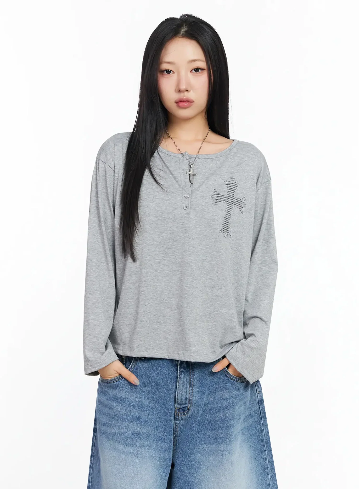 Oversized Cross Detail Long-Sleeve Top CA513 - Image 14