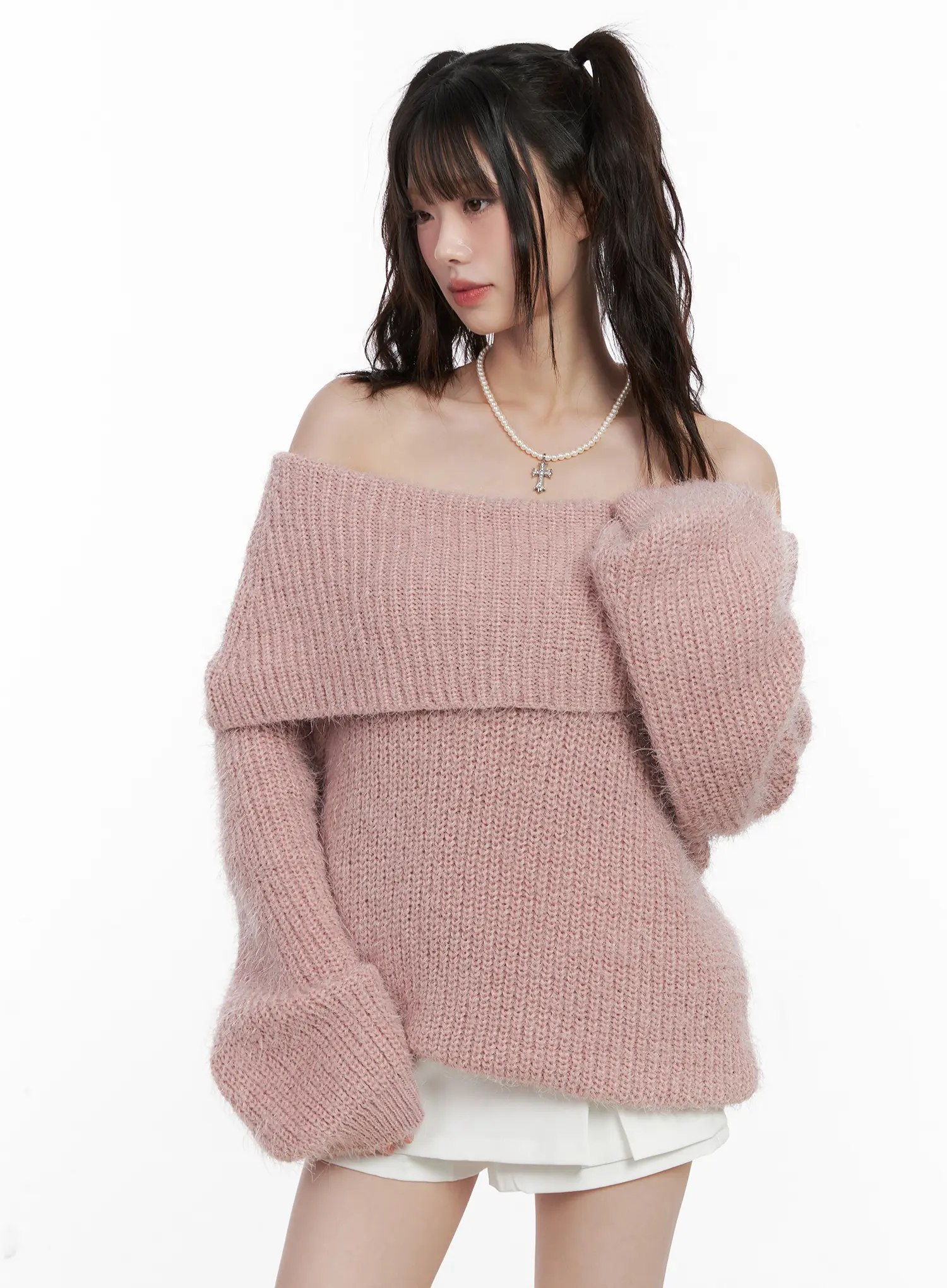 Oversized Off-Shoulder Fuzzy Knit Sweater CN510