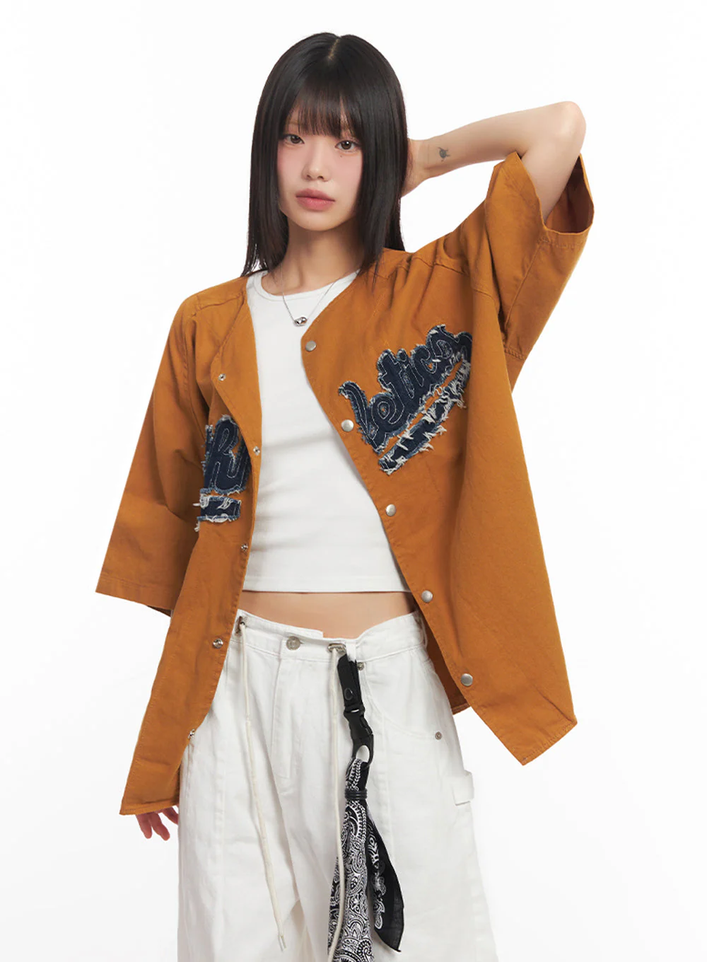 Oversized Patchwork Button-Up Shirt IA528 - Image 6