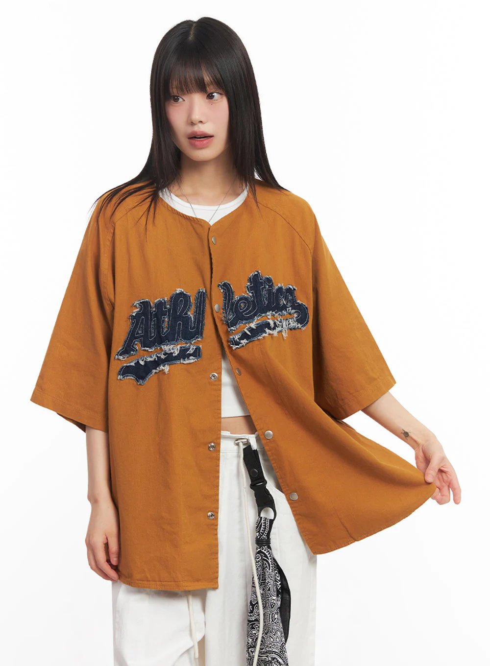 Oversized Patchwork Button-Up Shirt IA528 - Image 7