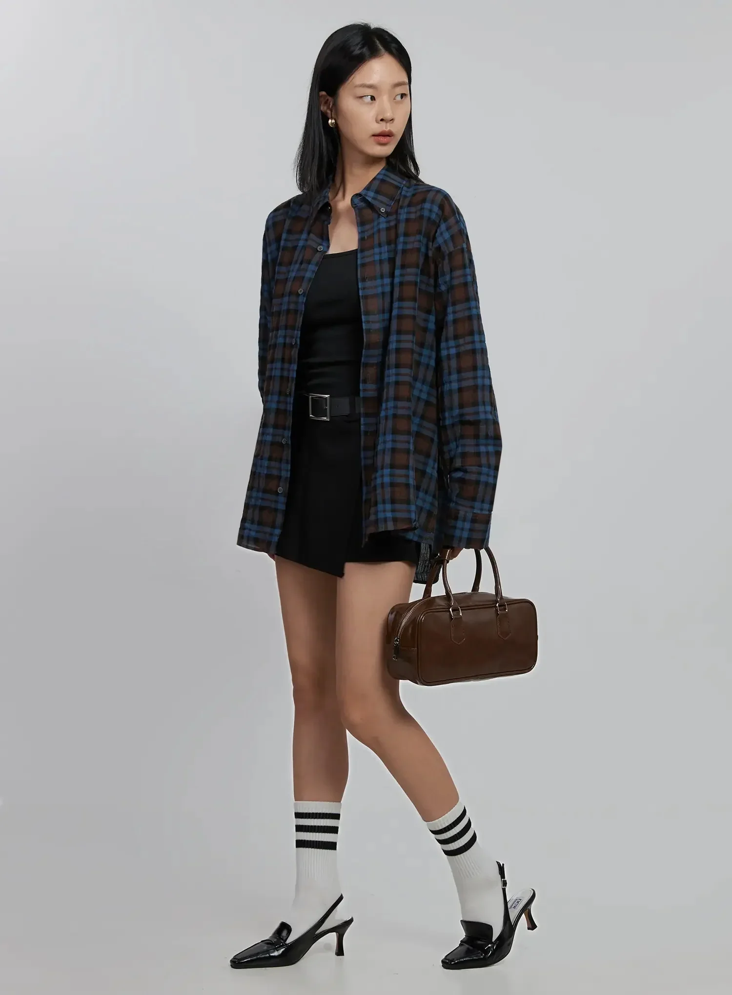 Oversized Plaid Button-Up Shirt ID504