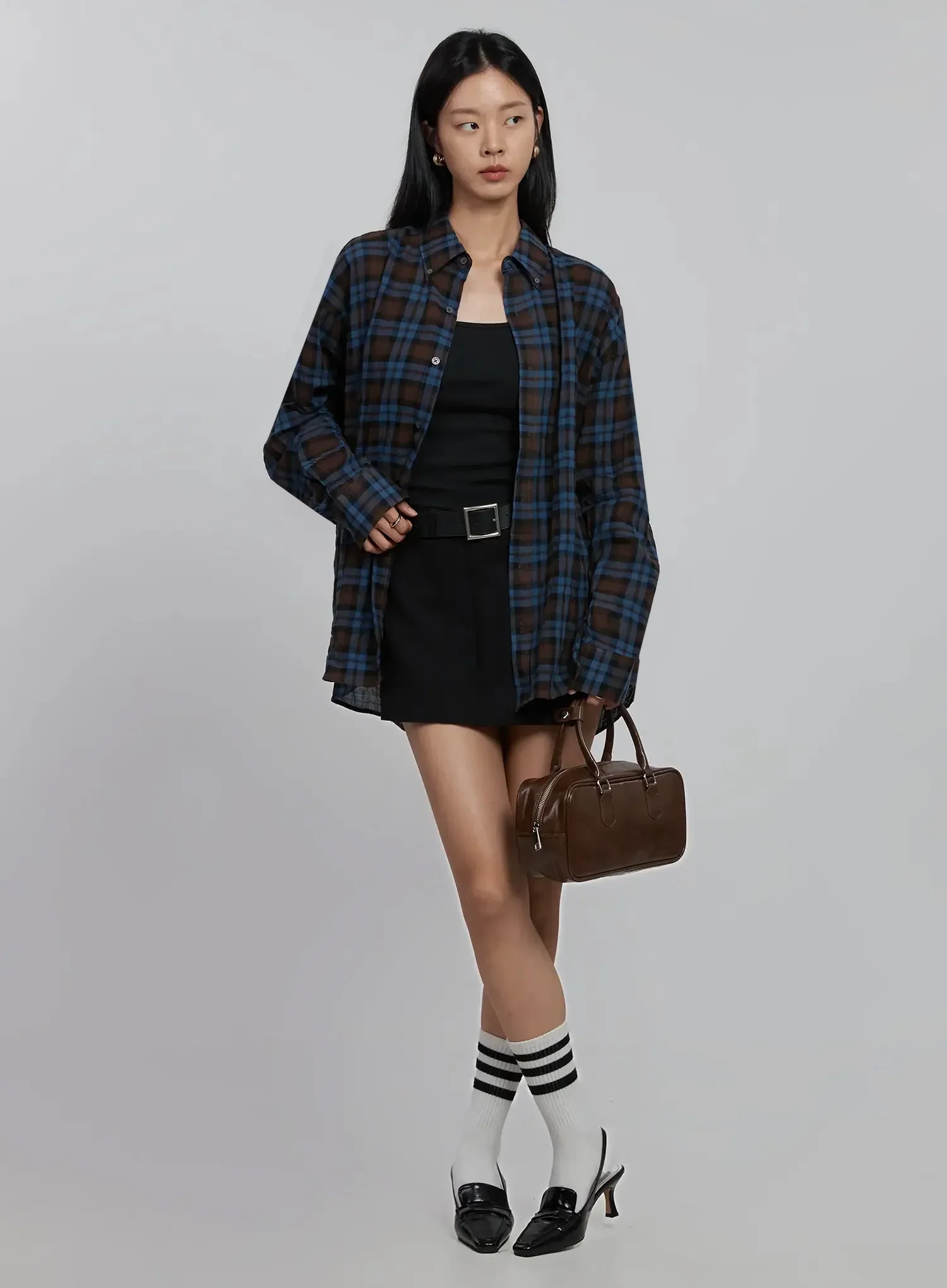 Oversized Plaid Button-Up Shirt ID504 - Image 10
