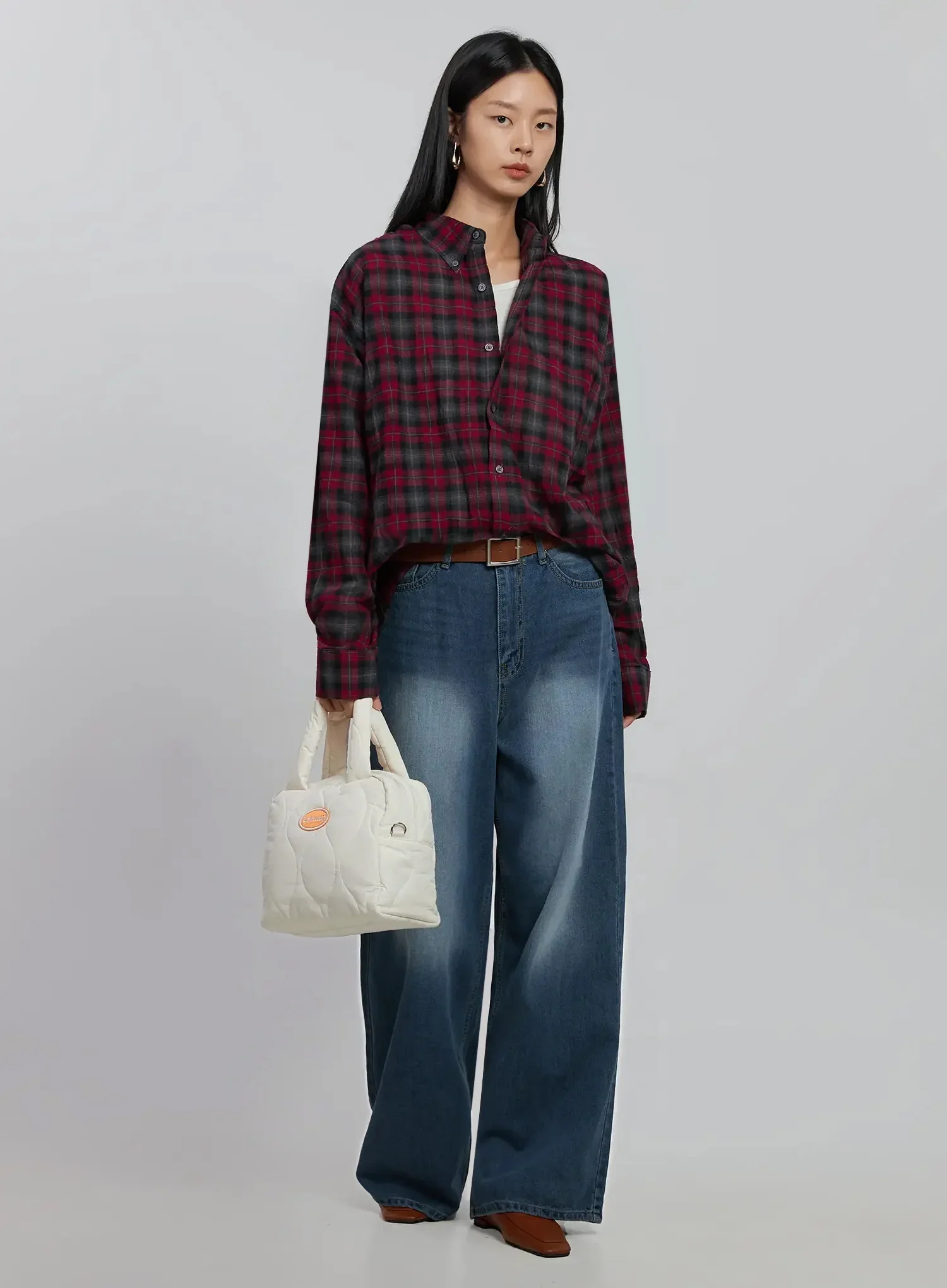 Oversized Plaid Button-Up Shirt ID504 - Image 12